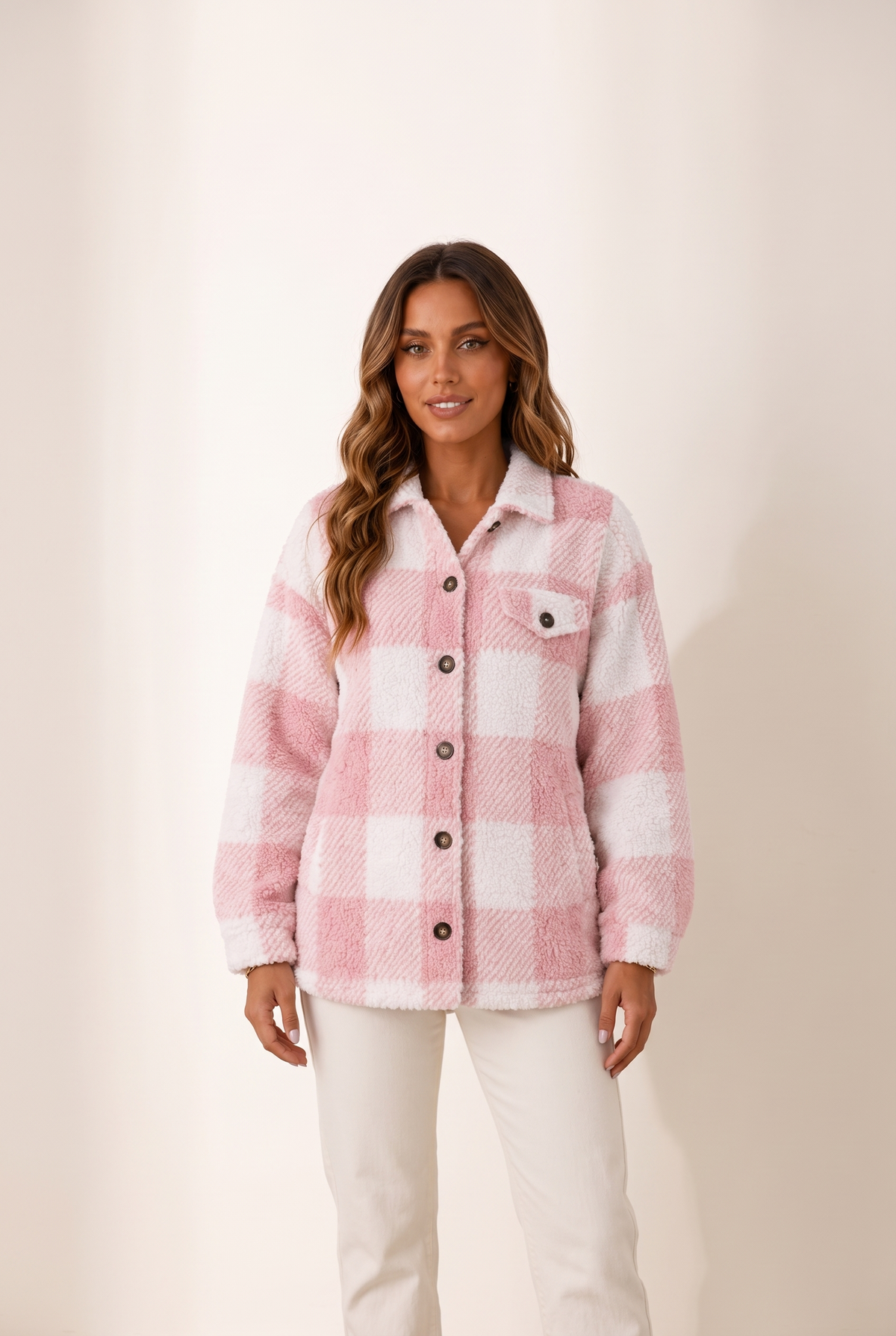 Lize Women's Plaid Sherpa Button-Up Winter Jacket in Pink, on model