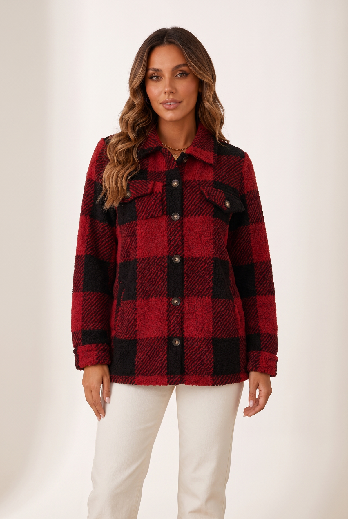 Lize Women's Plaid Sherpa Button-Up Winter Jacket in Red, on model