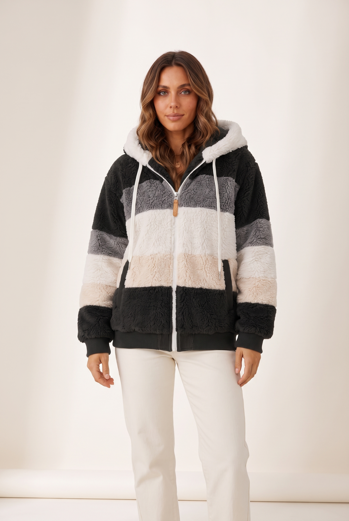 Ruby Women's Winter Sherpa Zip-Up Jacket in Black, on model