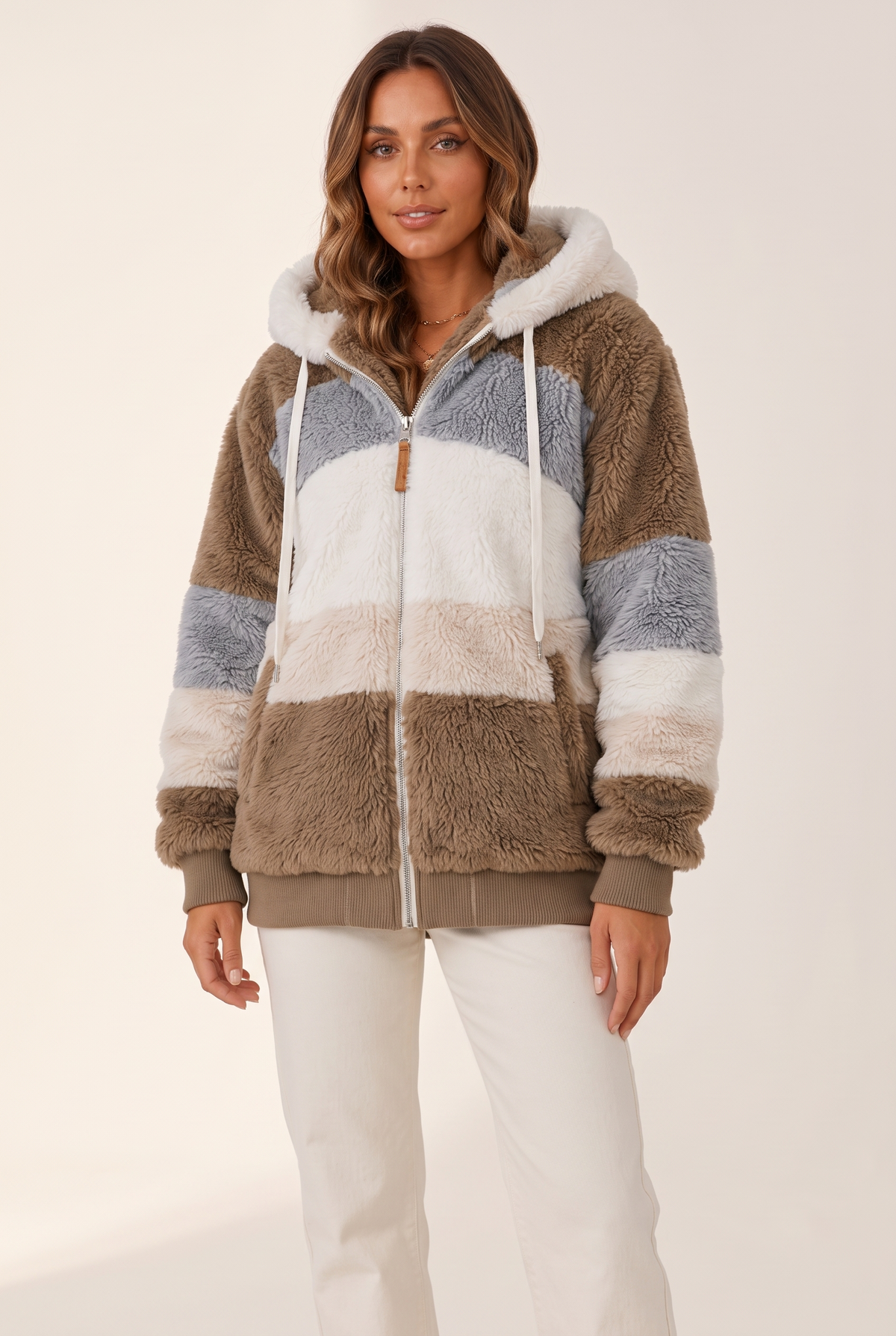 Ruby Women's Winter Sherpa Zip-Up Jacket in Beige, on model