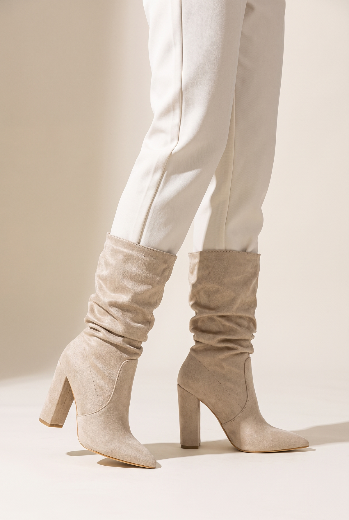 Women's Winter Faux Suede Boots Gathered Shaft in Beige, on model