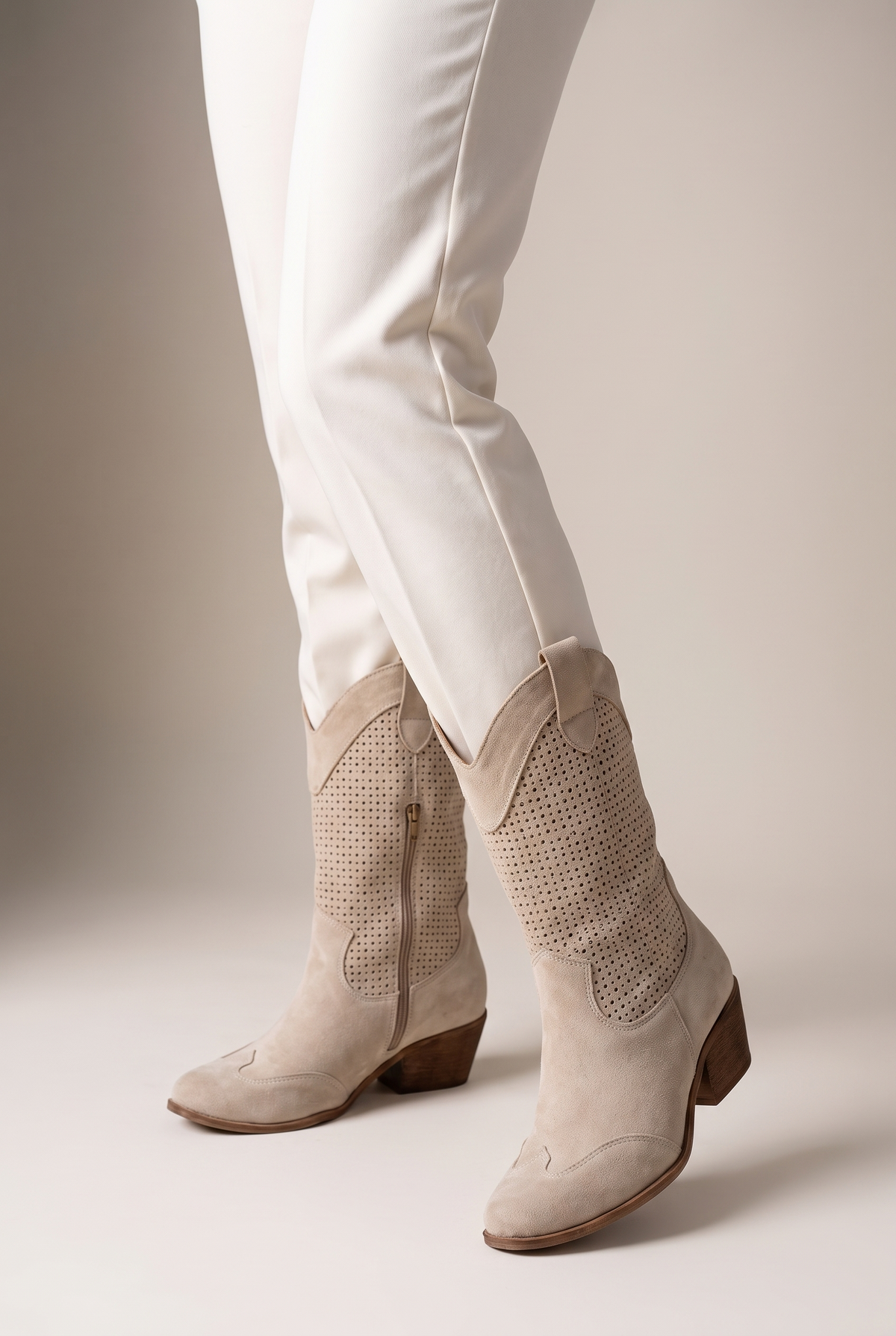 Women's Western Faux Leather Cowboy Boots Block Heel in Beige, on model