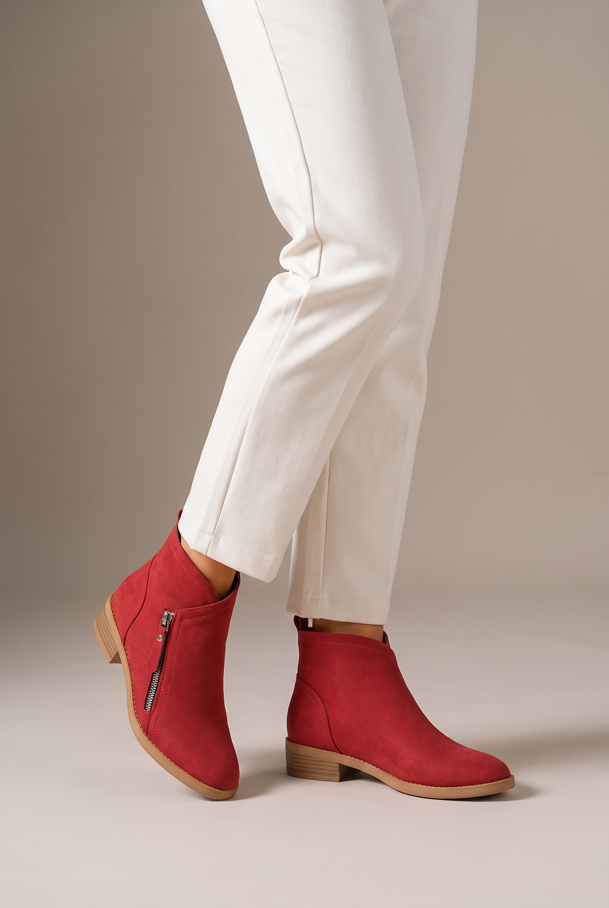 Sophie Women's Faux Suede Low-Heel Side-Zip Chelsea Boots in Red, on model
