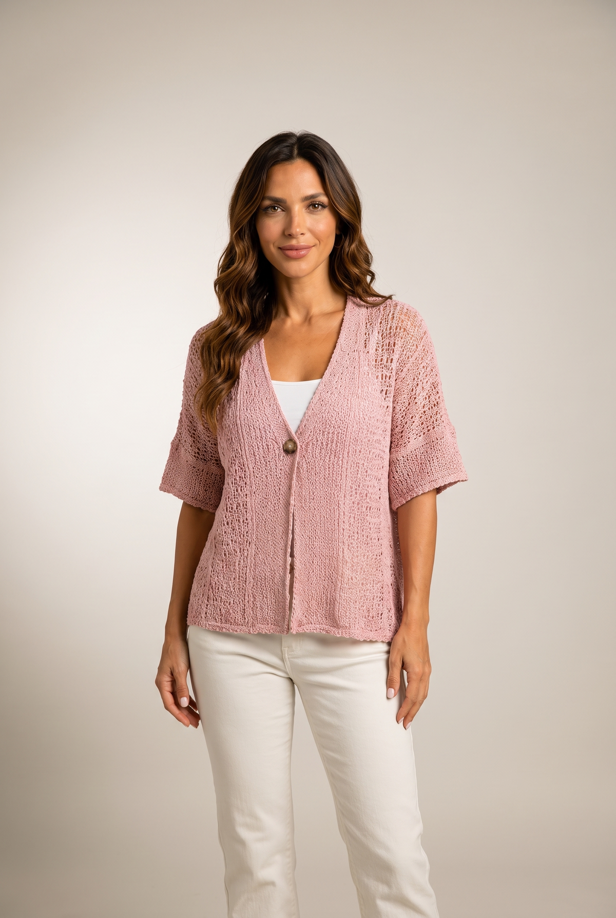 Livia Women's Open Knit Button Cardigan Top in Pink, on model