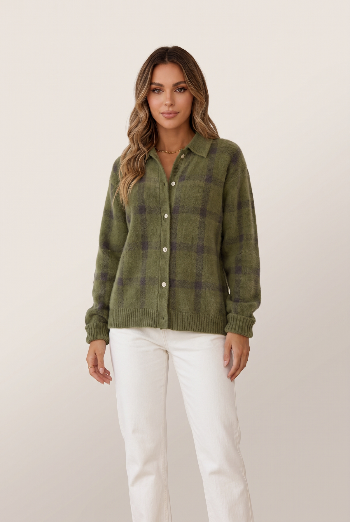 Nora Women's Plaid Button Knit Cardigan in Green, on model