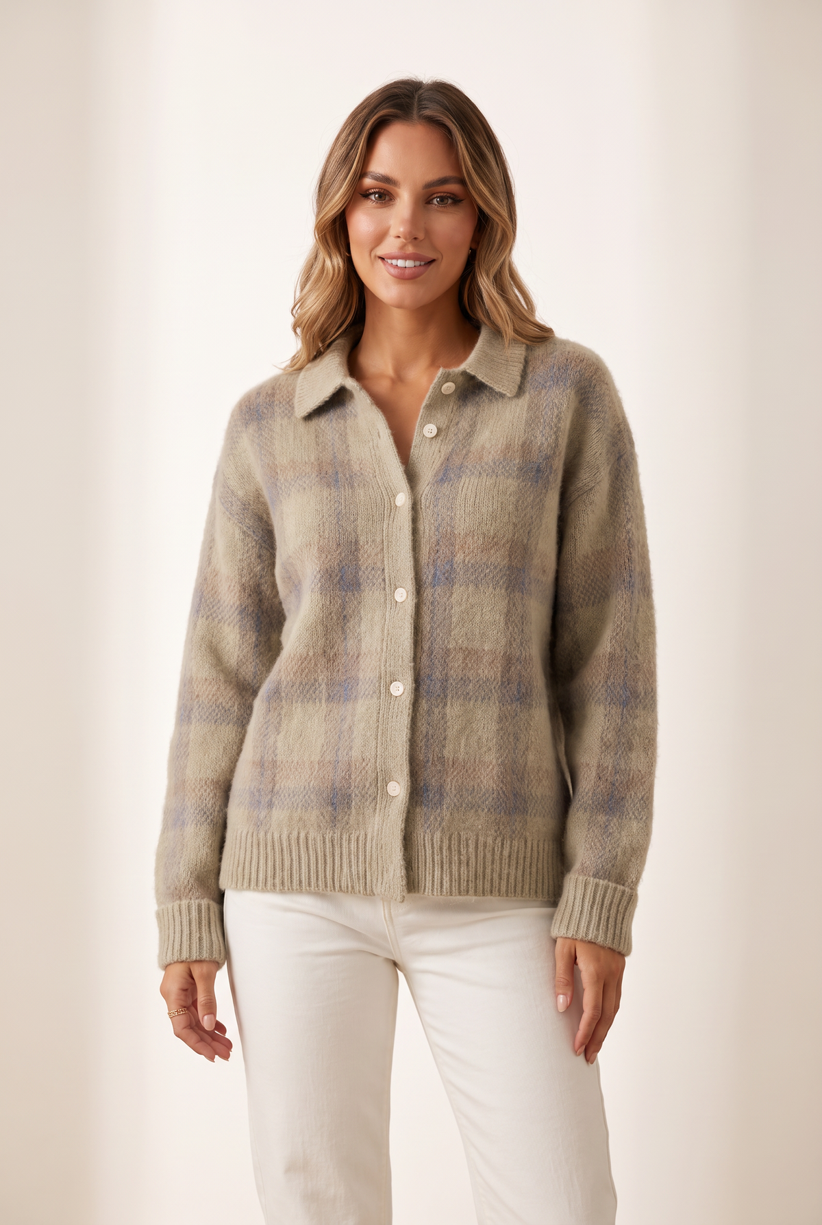 Nora Women's Plaid Button Knit Cardigan in Beige, on model