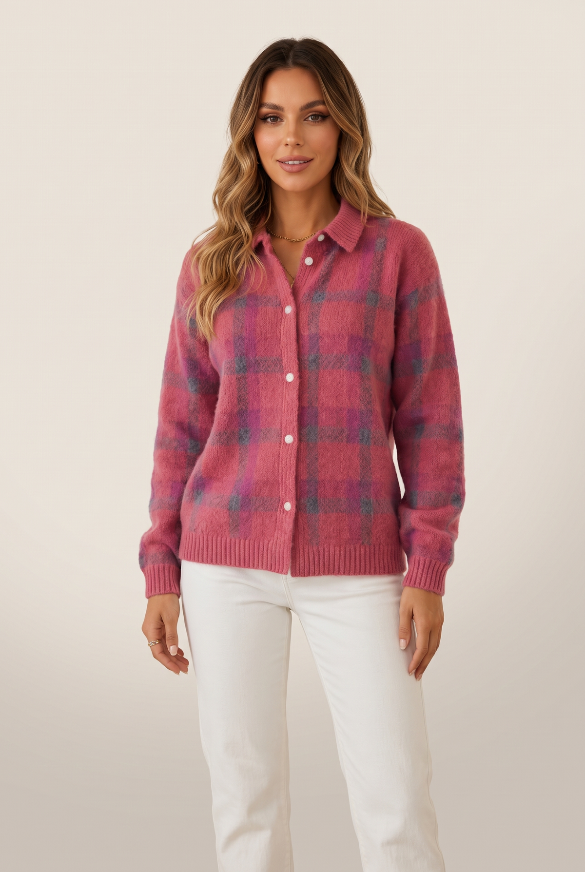 Nora Women's Plaid Button Knit Cardigan in Pink, on model