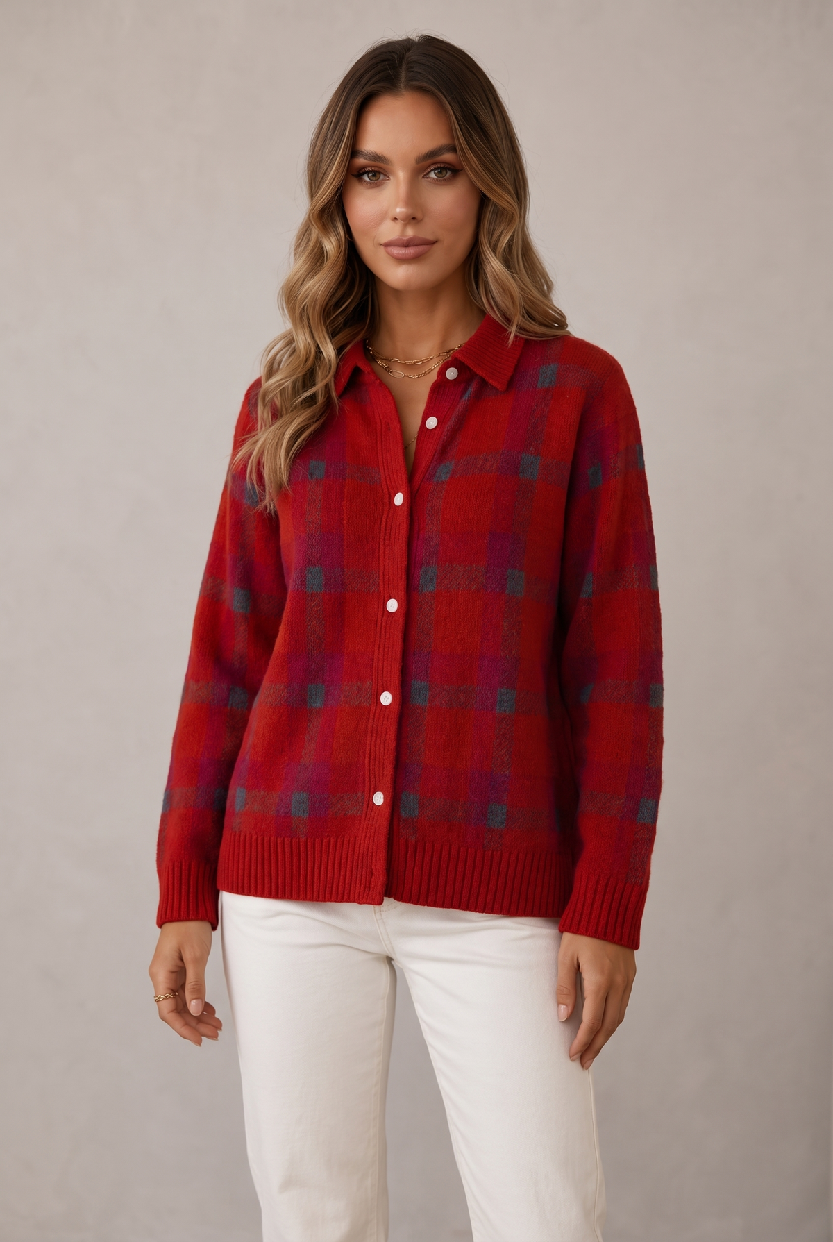 Nora Women's Plaid Button Knit Cardigan in Red, on model