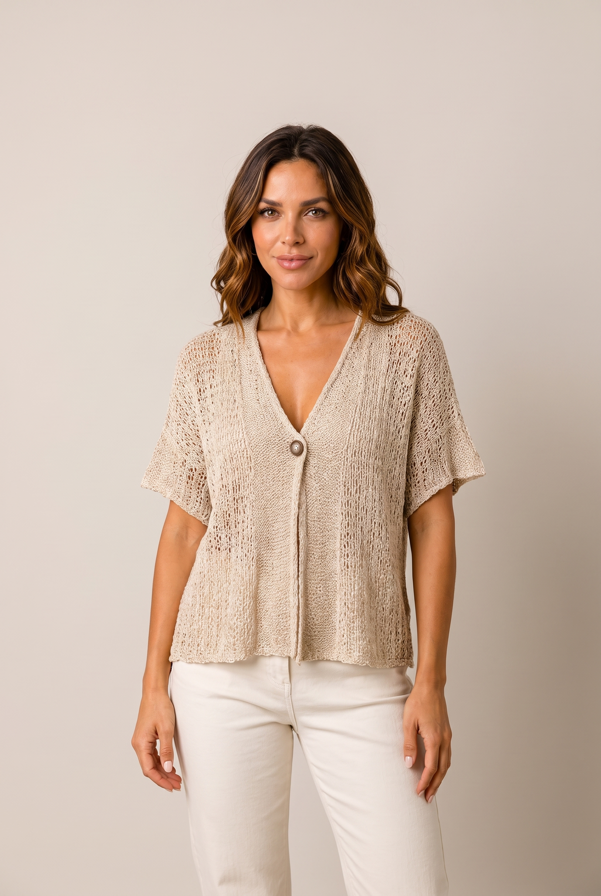Livia Women's Open Knit Button Cardigan Top in Beige, on model
