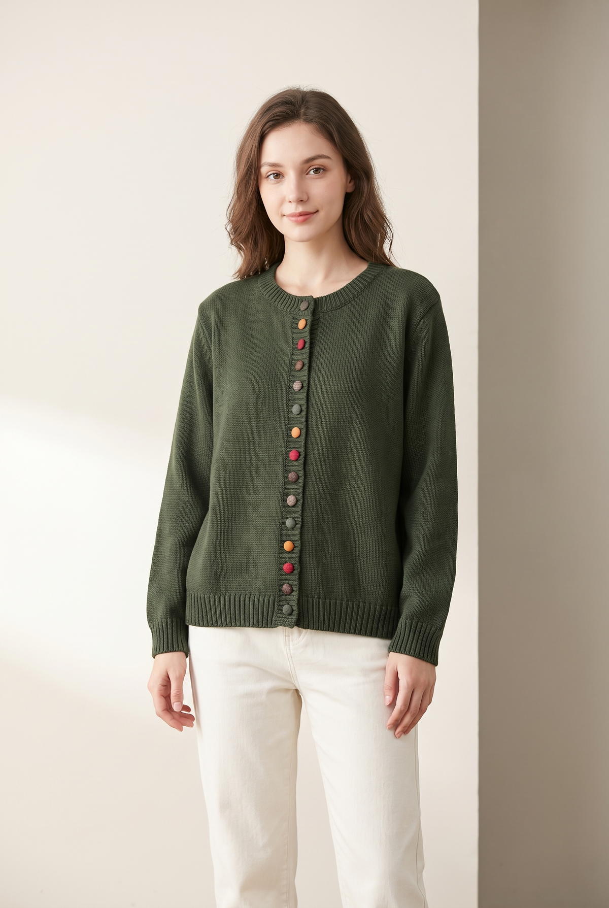 Sharon Women's Winter Colorful Button Knit Cardigan in Army Green, on model