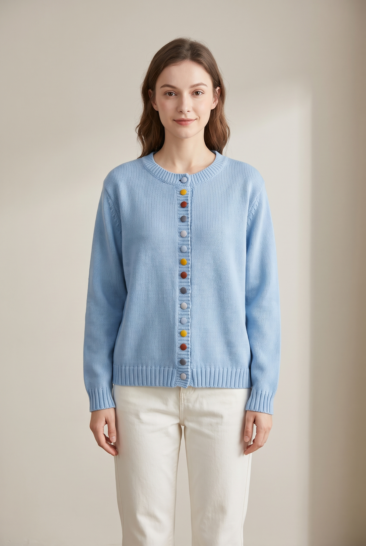 Sharon Women's Winter Colorful Button Knit Cardigan in Light Blue, on model