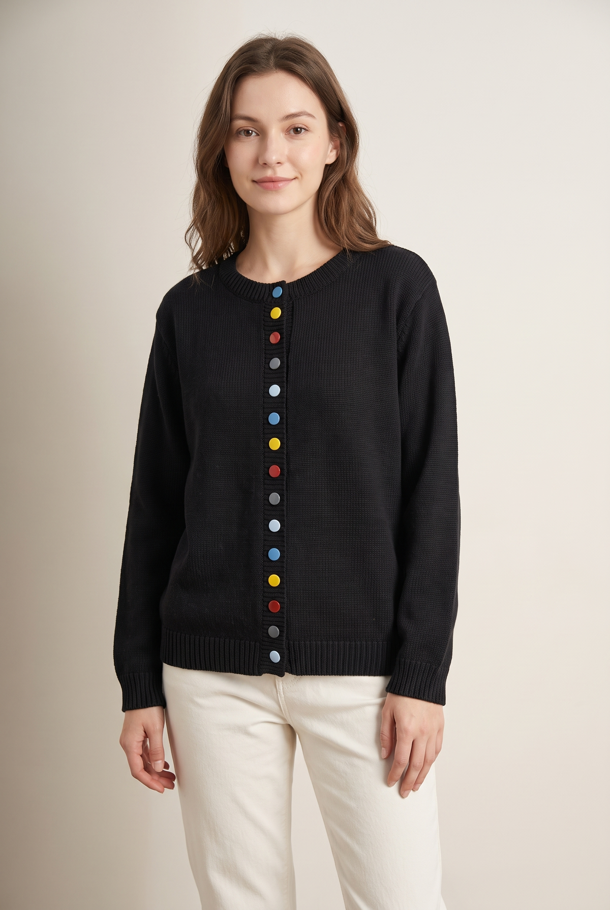 Sharon Women's Winter Colorful Button Knit Cardigan in Black, on model