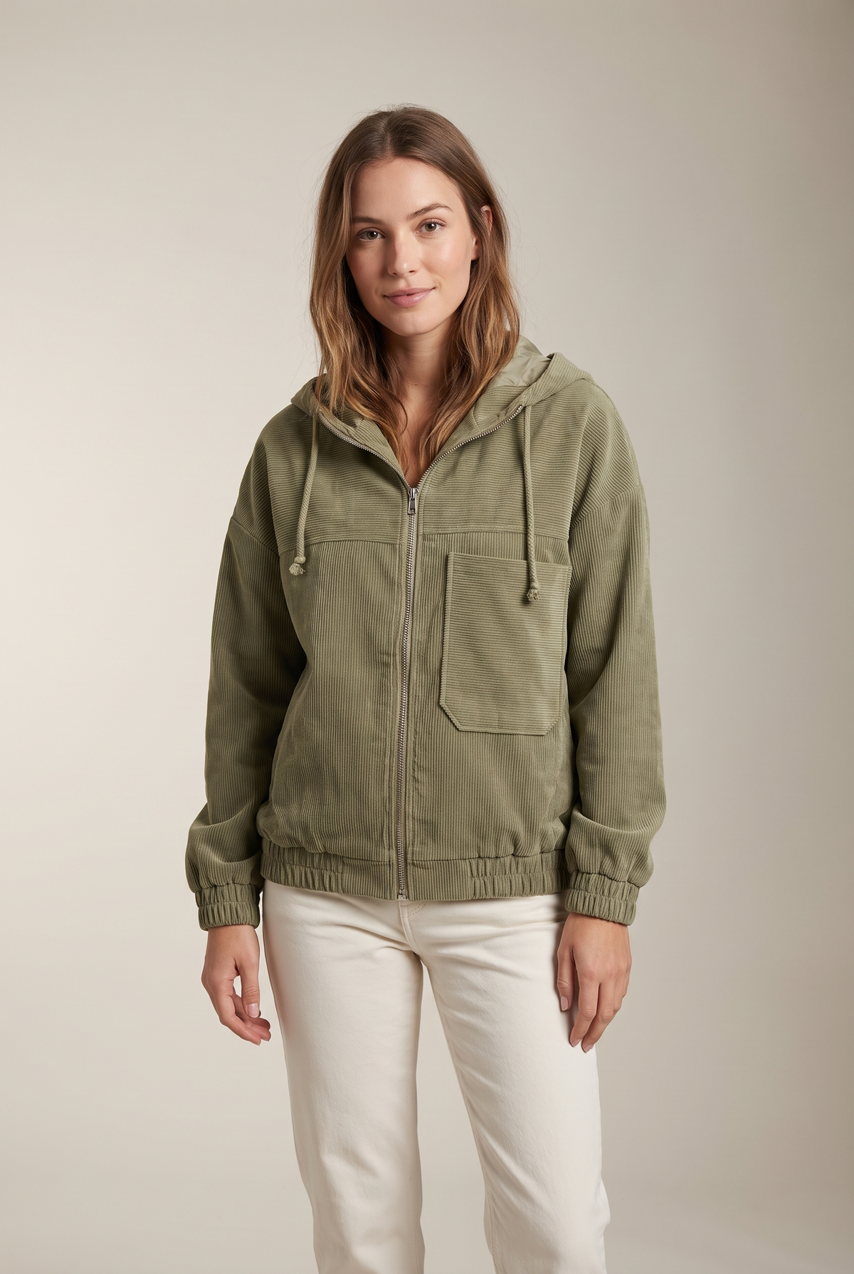 Daisy Women's Winter Button Closure and Front Pockets Cardigan in Green, on model