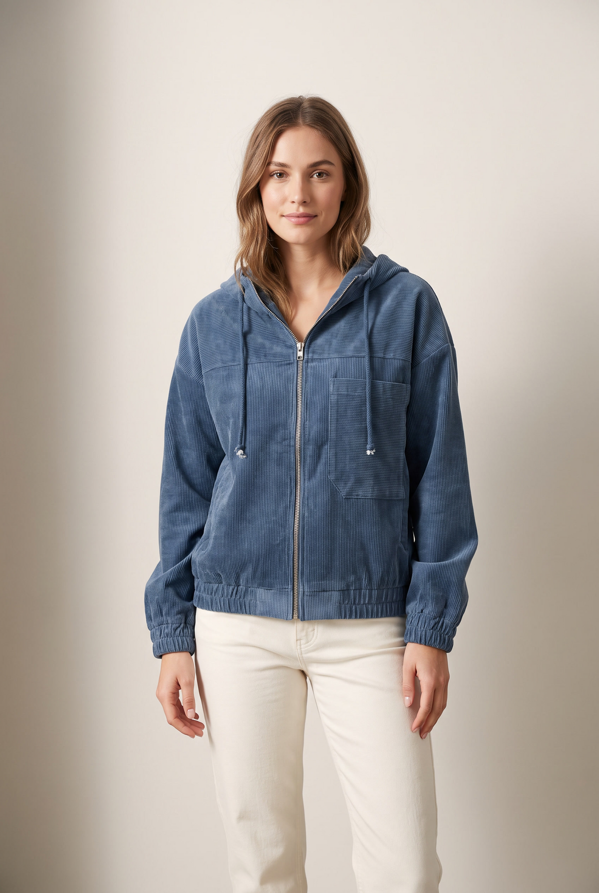 Daisy Women's Winter Button Closure and Front Pockets Cardigan in Blue, on model