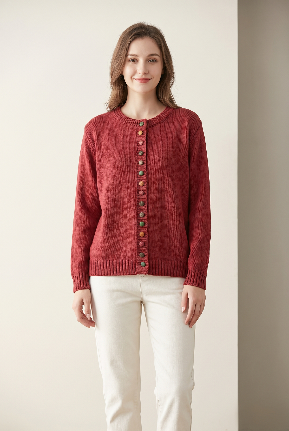Sharon Women's Winter Colorful Button Knit Cardigan in Red, on model