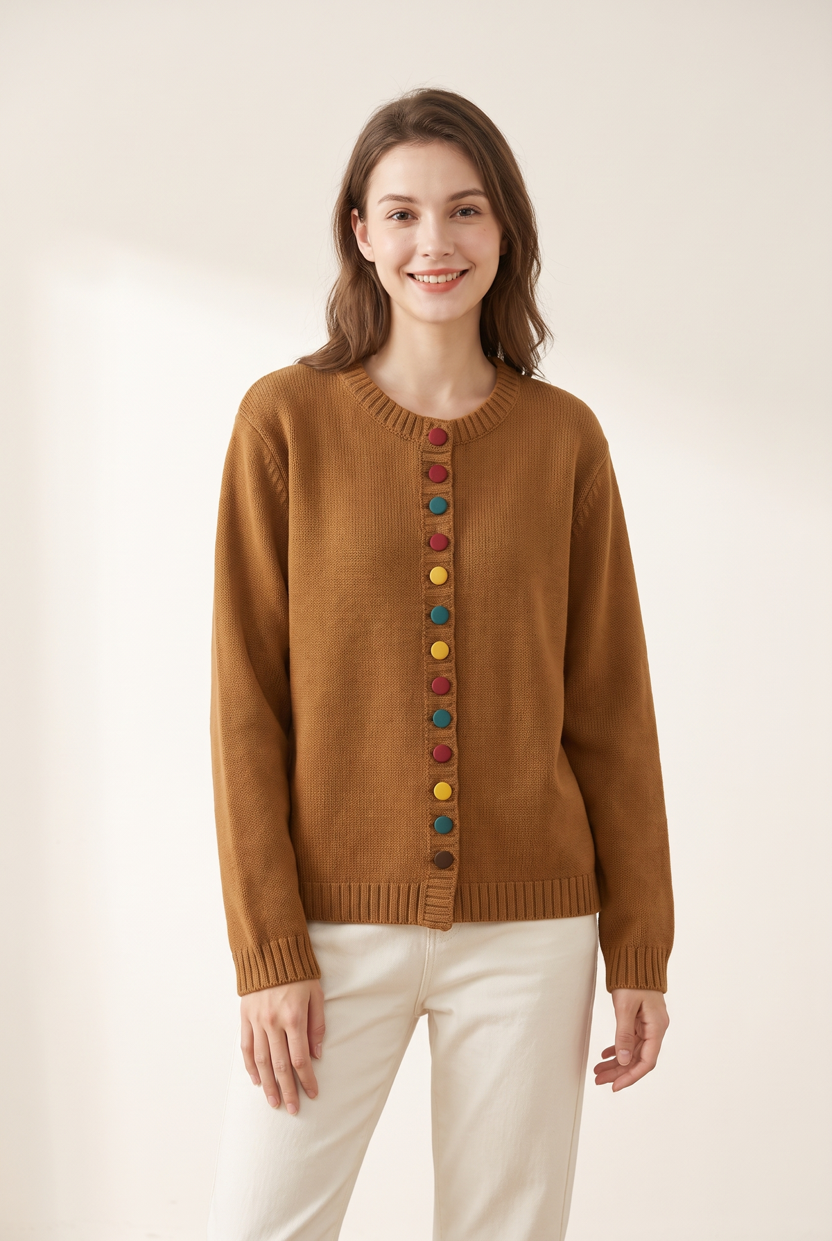 Sharon Women's Winter Colorful Button Knit Cardigan in Brown, on model