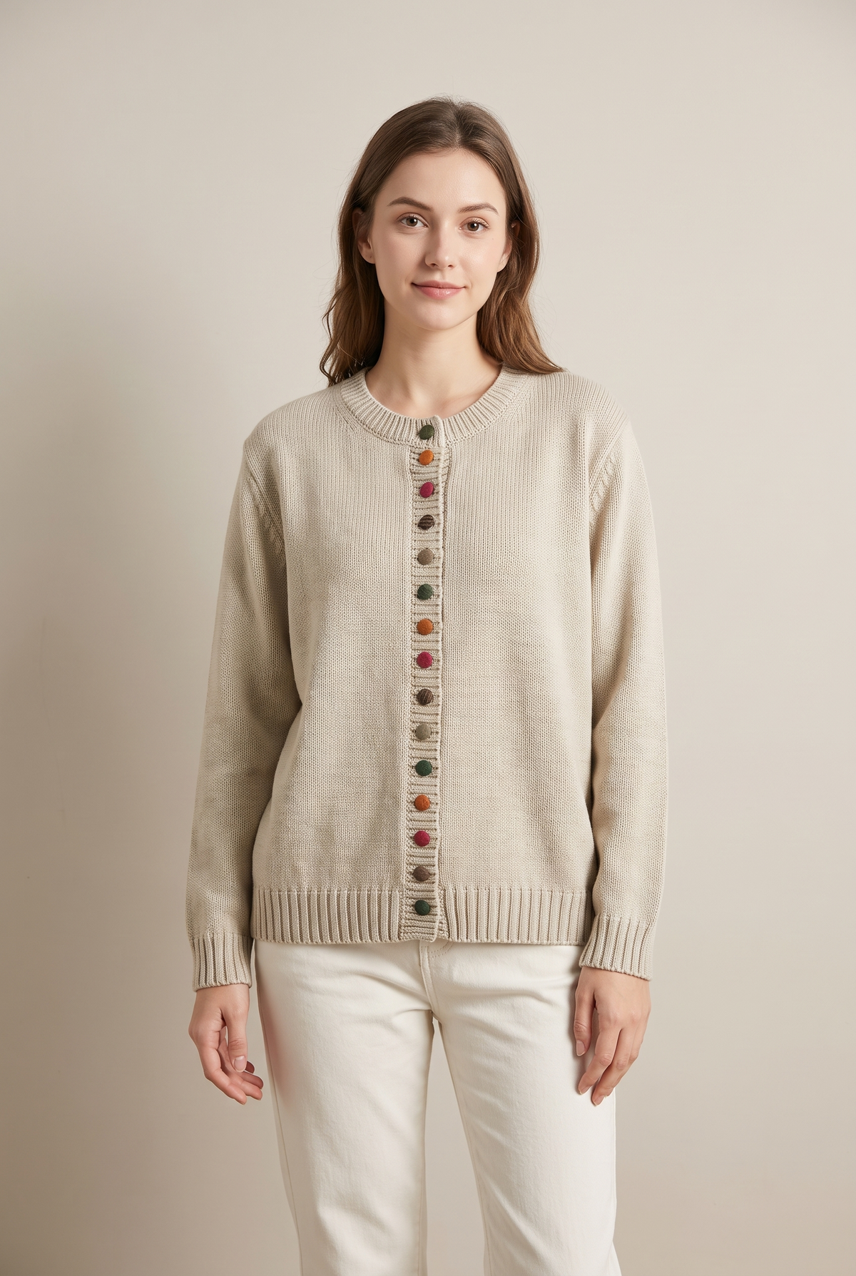 Sharon Women's Winter Colorful Button Knit Cardigan in Cream, on model