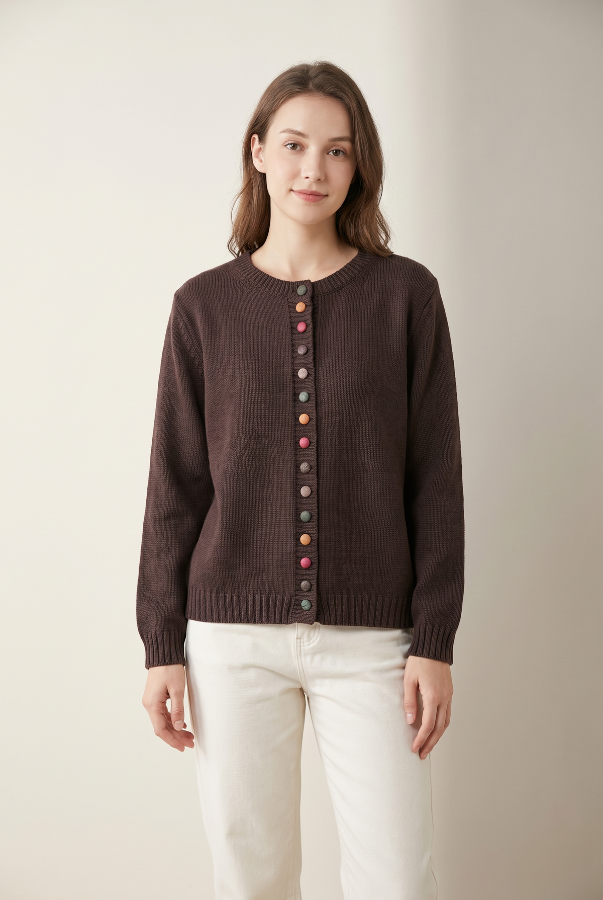Sharon Women's Winter Colorful Button Knit Cardigan in Dark Brown, on model