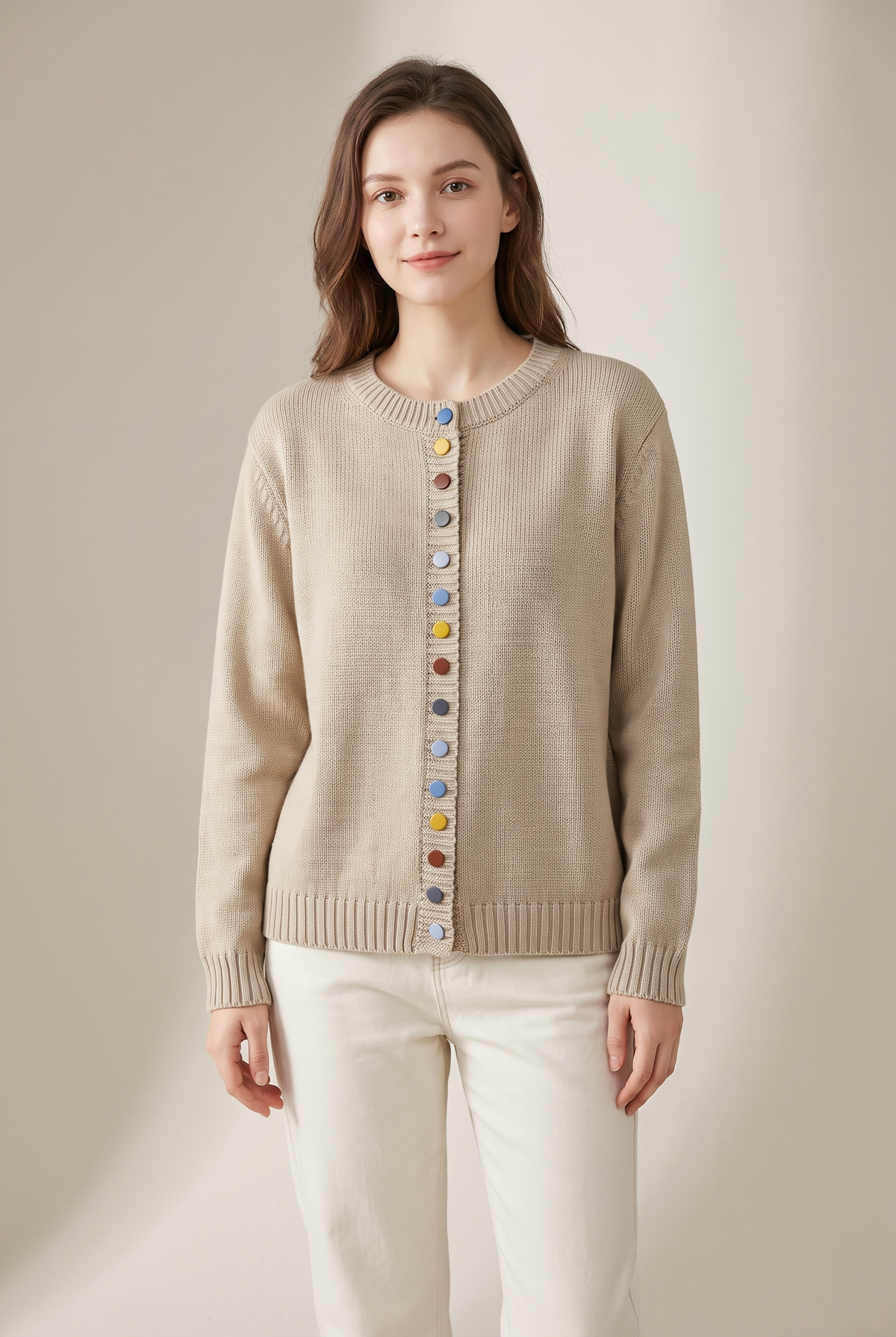 Sharon Women's Winter Colorful Button Knit Cardigan in Beige, on model