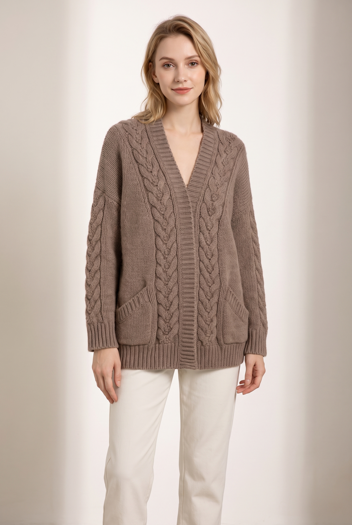 Sharon Women's Winter Long Sleeves Knit Cardigan in Brown, on model