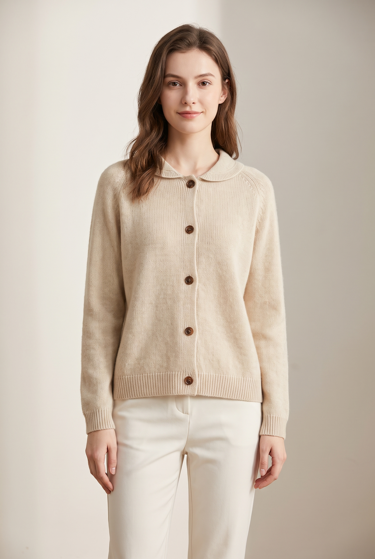 Laura Women's Relaxed-Fit Button-Up Collared Knit Cardigan in Beige, on model