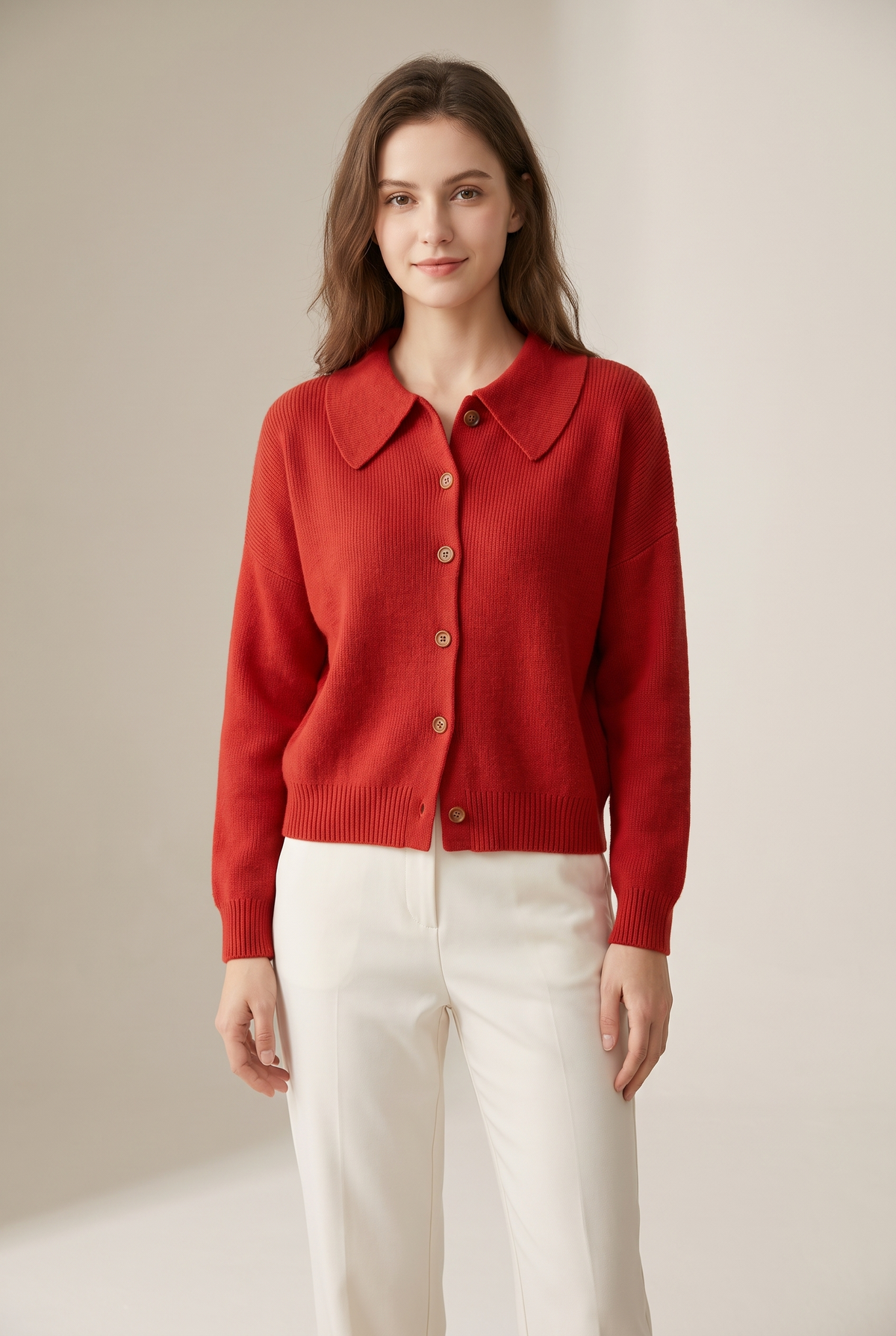 Meli Women's Button Collar with Style and Classic Cardigan in Red, on model