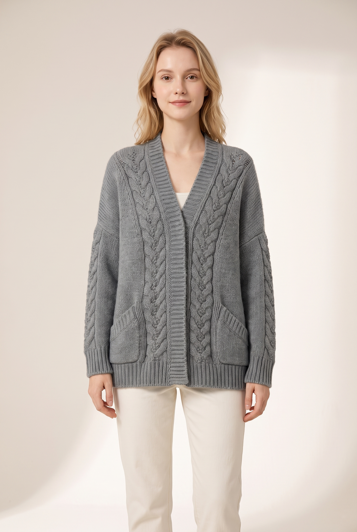 Sharon Women's Winter Long Sleeves Knit Cardigan in Gray, on model