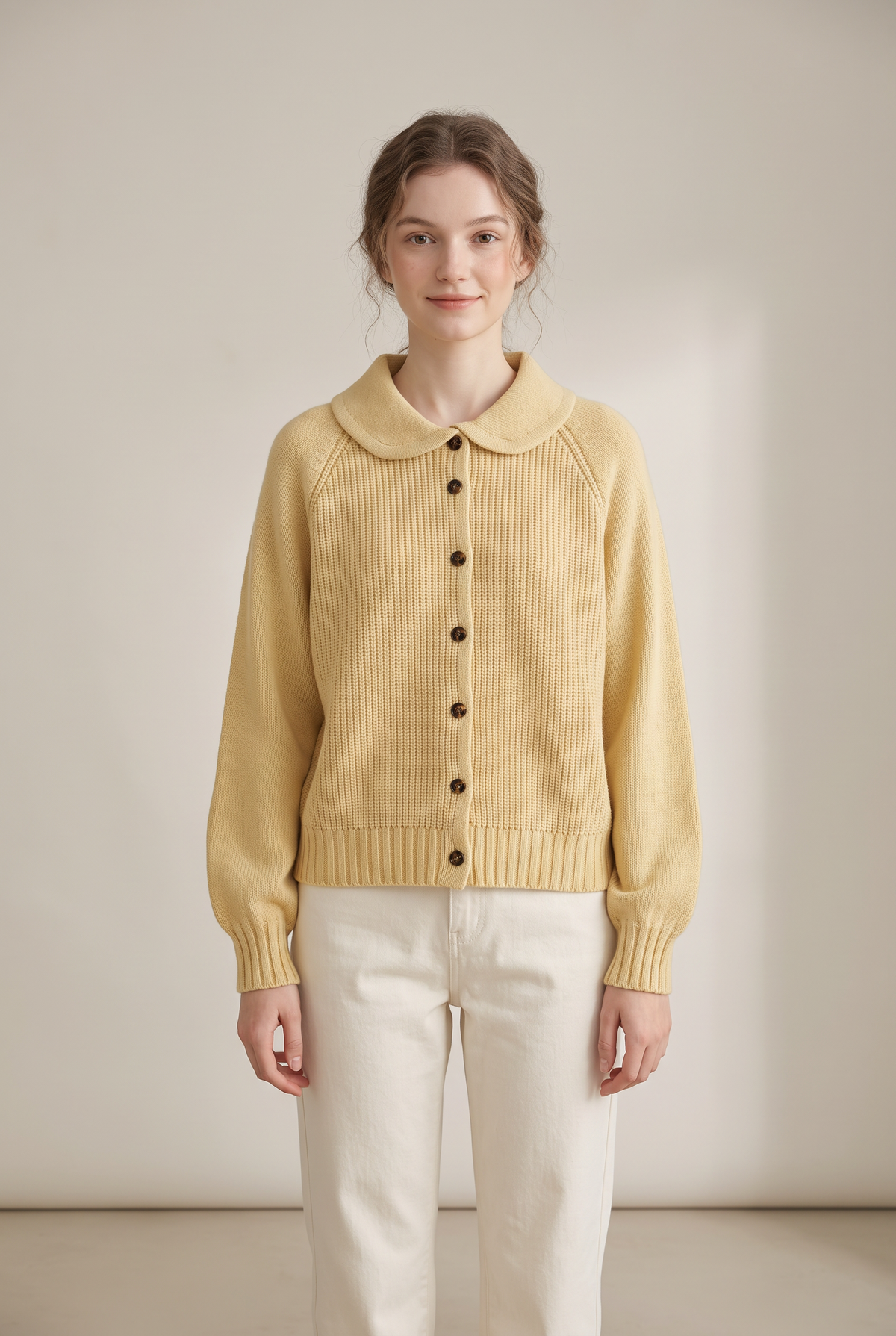 Mia Women's Winter Soft Knit Cardigan in Yellow, on model