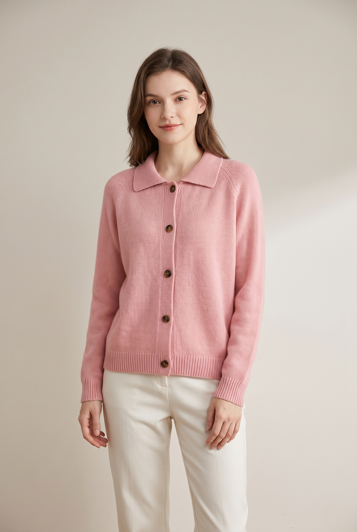 Laura Women's Relaxed-Fit Button-Up Collared Knit Cardigan in Pink, on model
