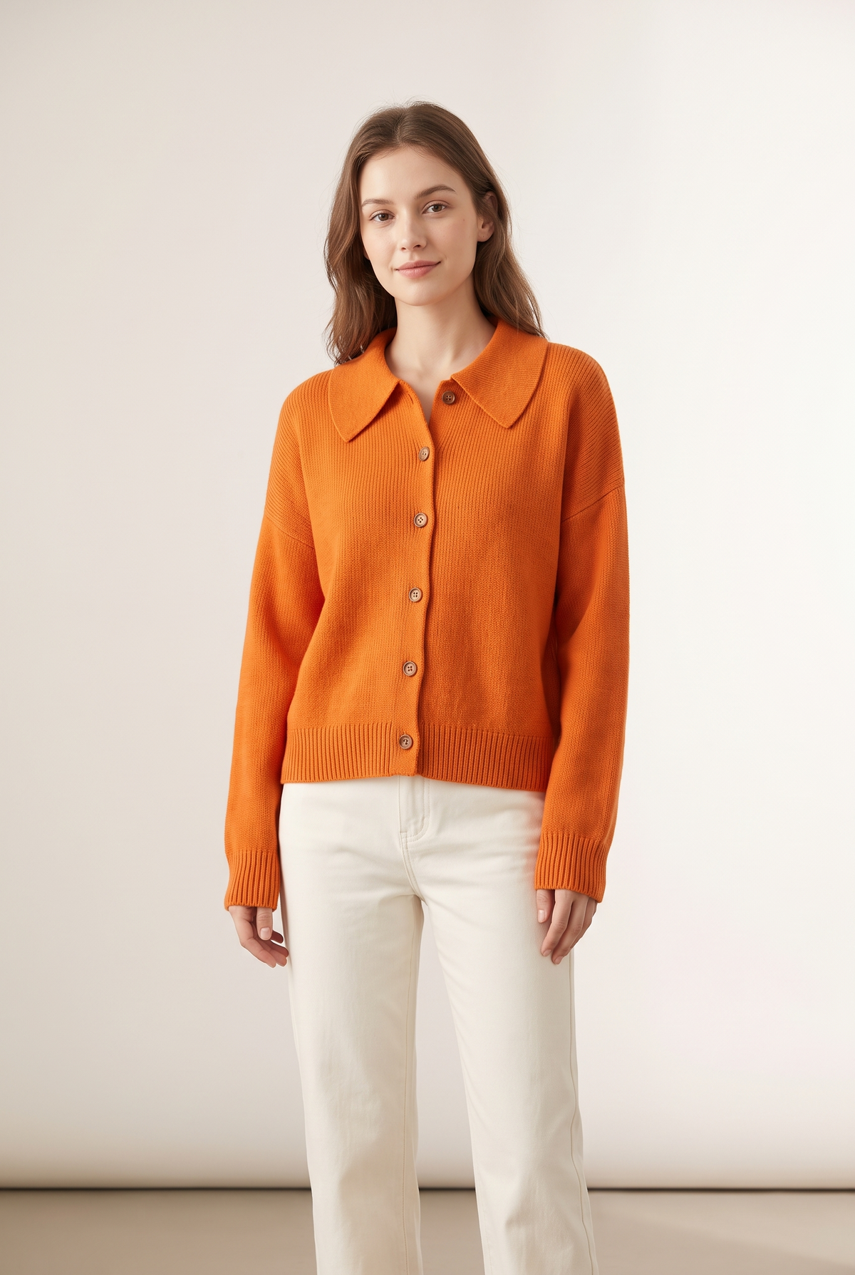 Meli Women's Button Collar with Style and Classic Cardigan in Orange, on model
