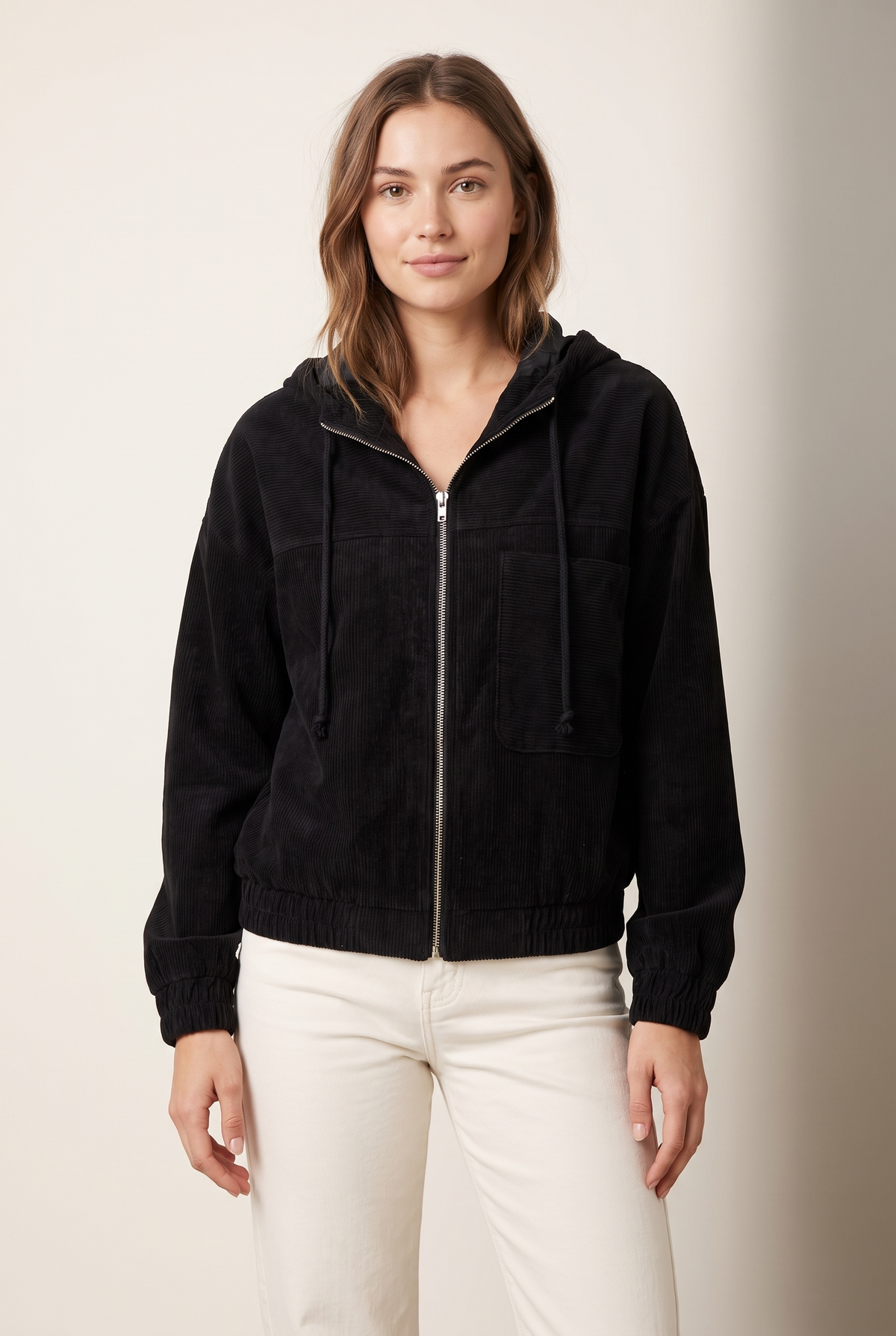 Daisy Women's Winter Button Closure and Front Pockets Cardigan in Black, on model