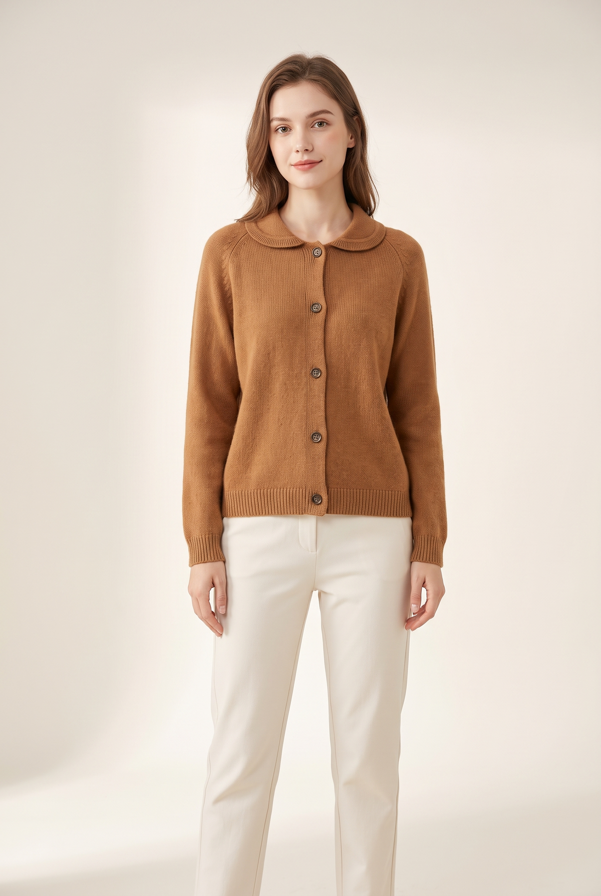 Laura Women's Relaxed-Fit Button-Up Collared Knit Cardigan in Caramel, on model