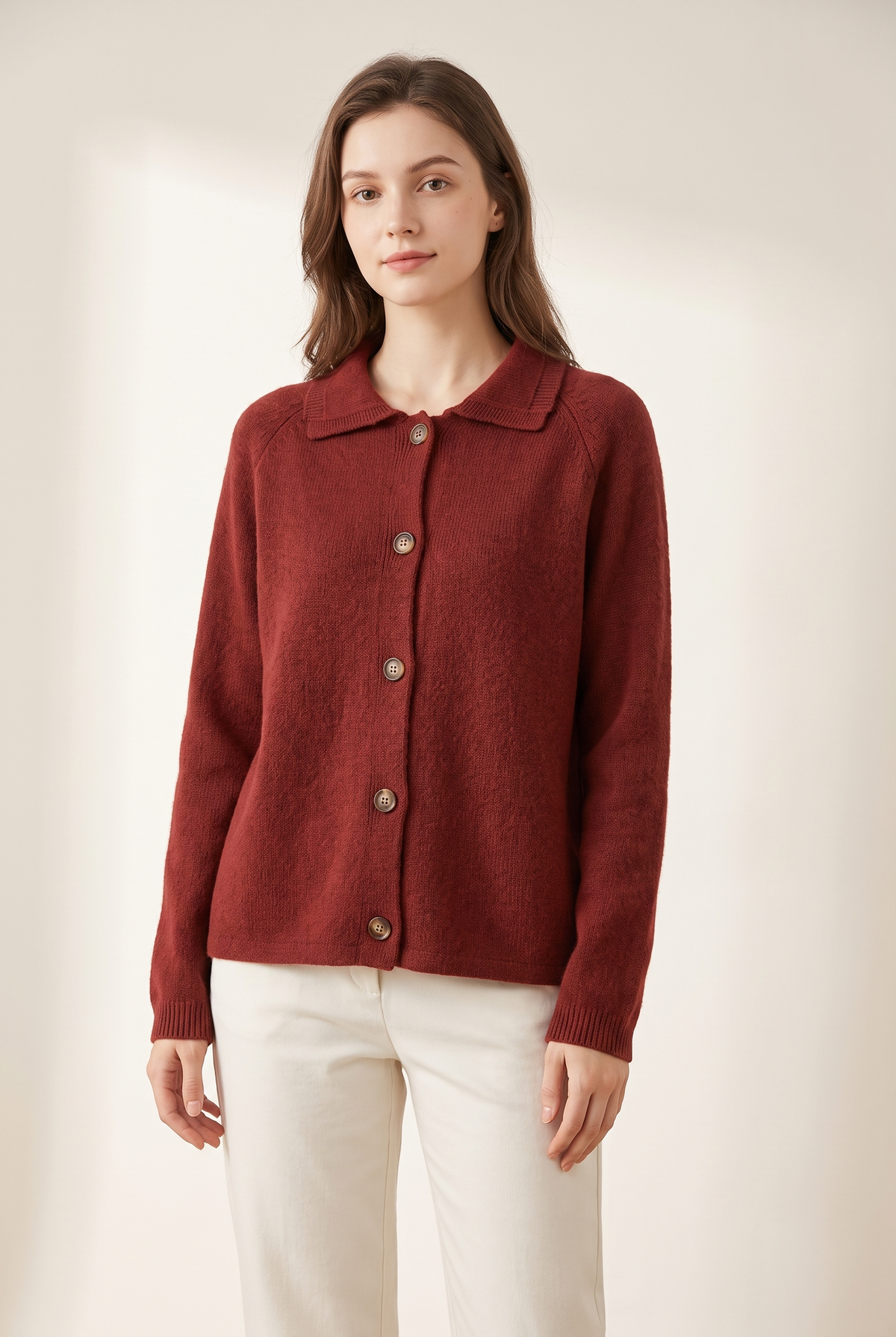 Laura Women's Relaxed-Fit Button-Up Collared Knit Cardigan in Red, on model