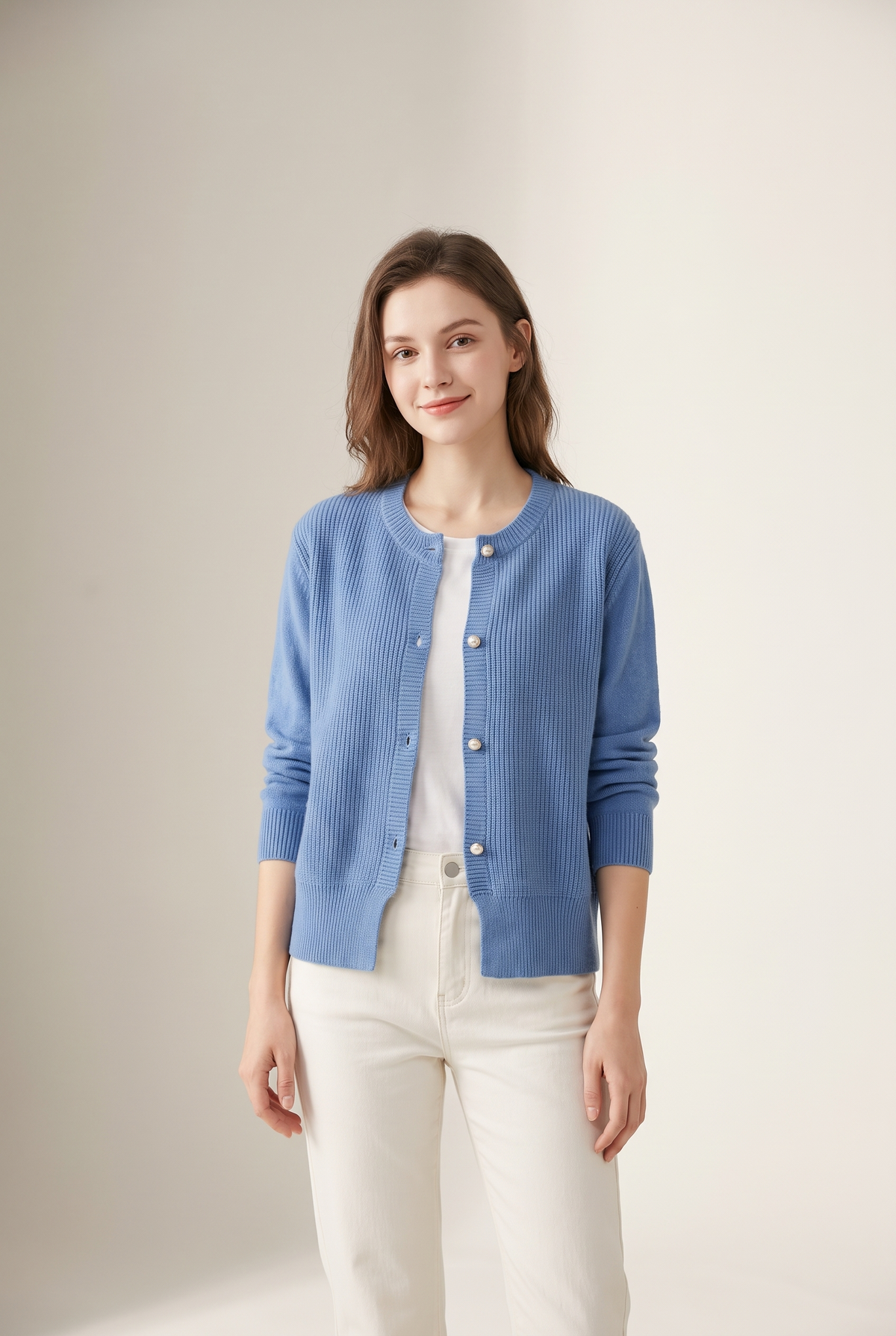 Linda Women's Cozy Feel and Breathable Design Knit Cardigan in Blue, on model