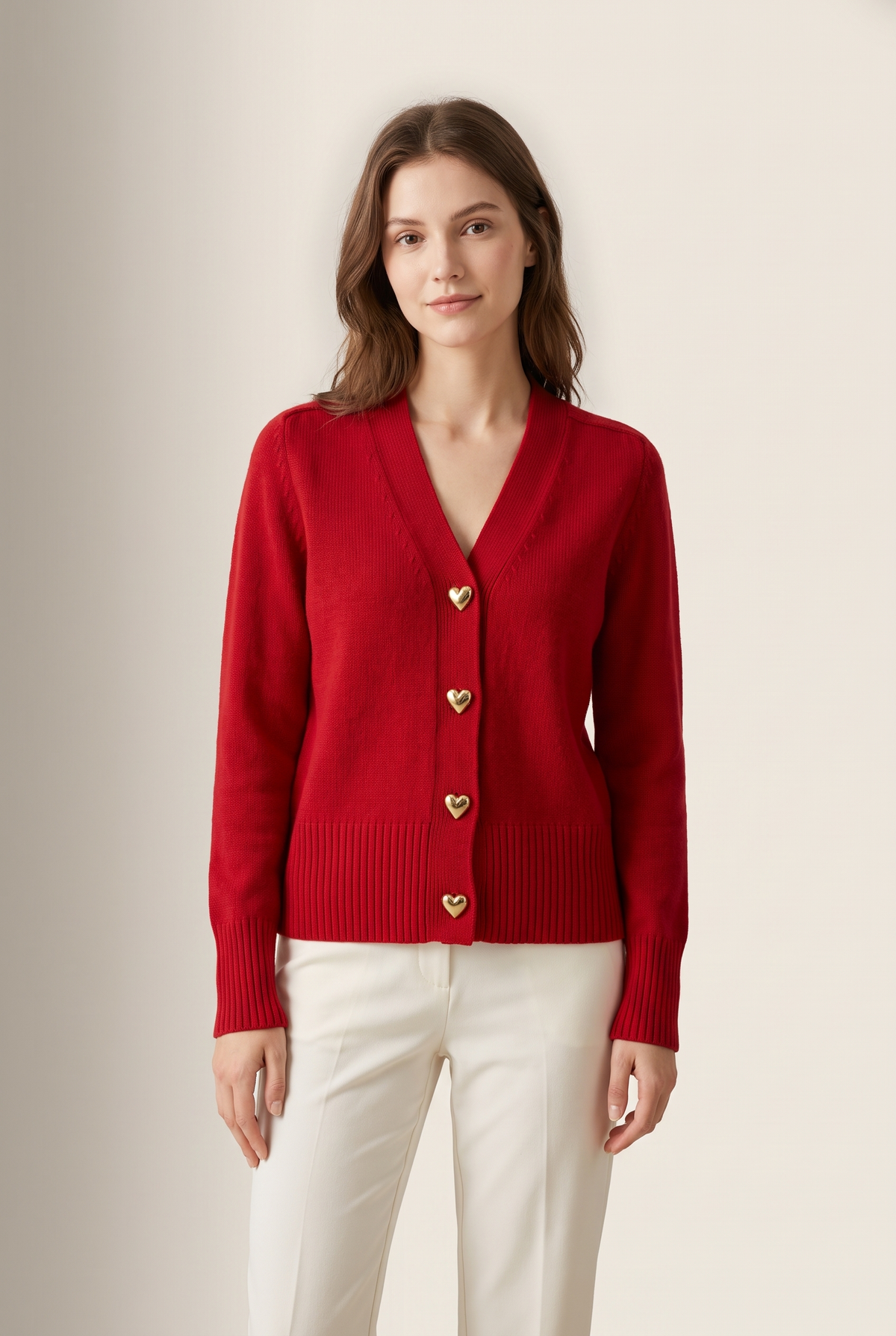 Victoria Women's Heart Buttons Cozy Winter Cardigan in Red, on model