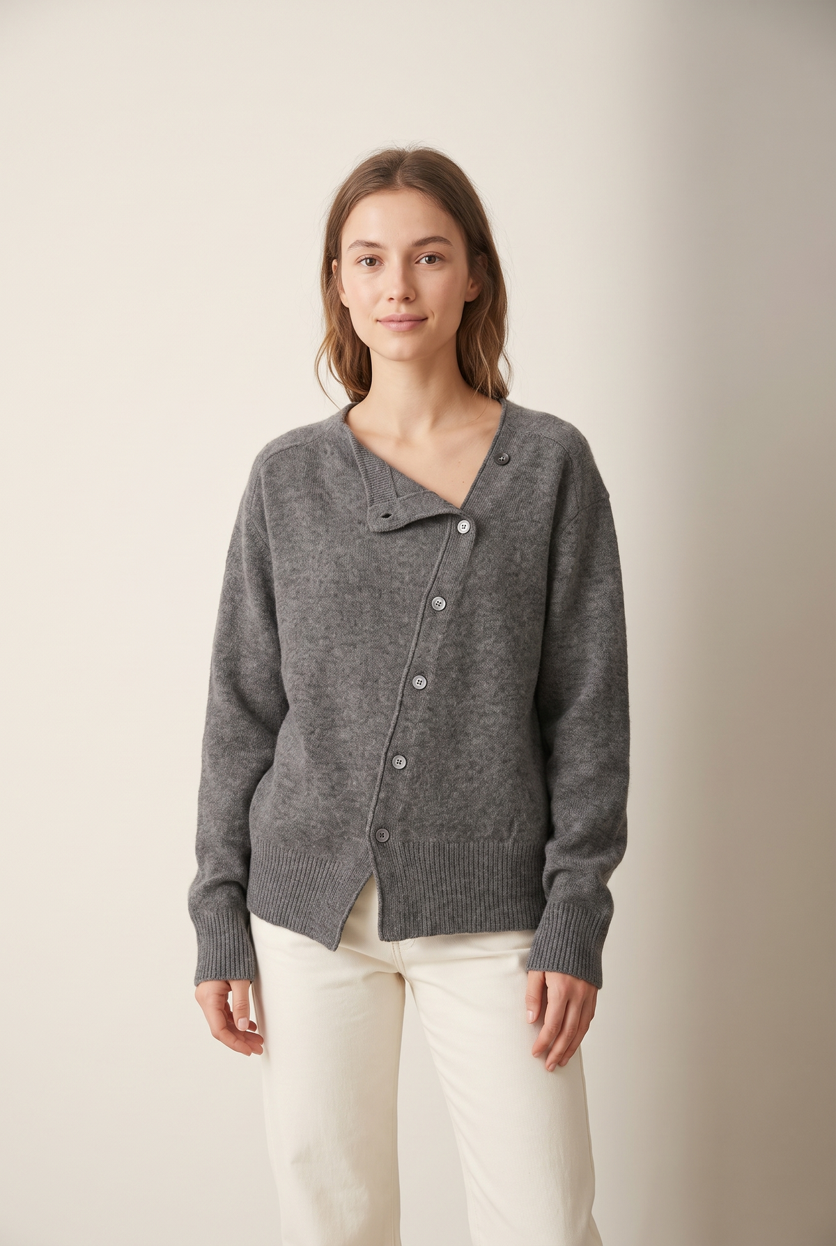 Sara Women's Open Front with Long Sleeves Knit Cardigan in Gray, on model