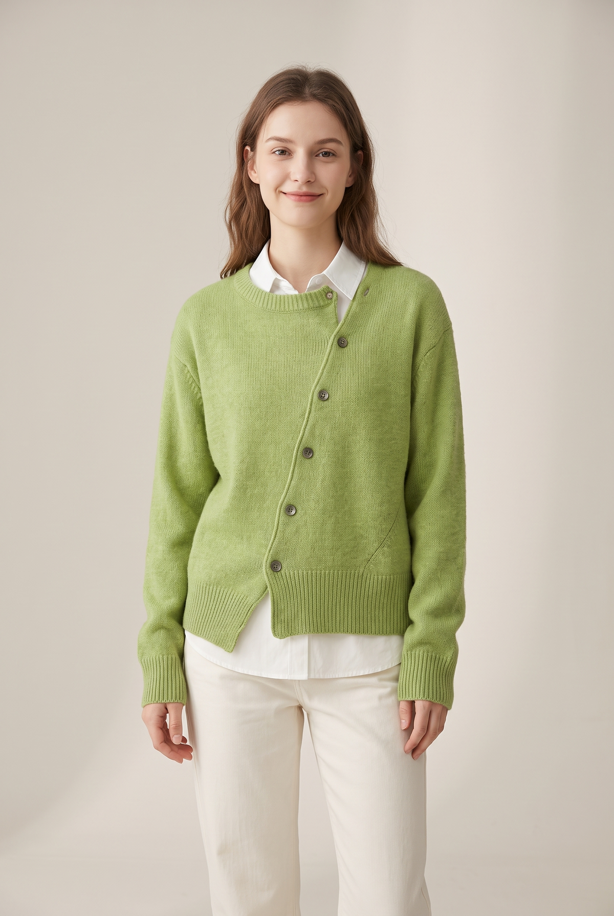 Sara Women's Open Front with Long Sleeves Knit Cardigan in Green, on model