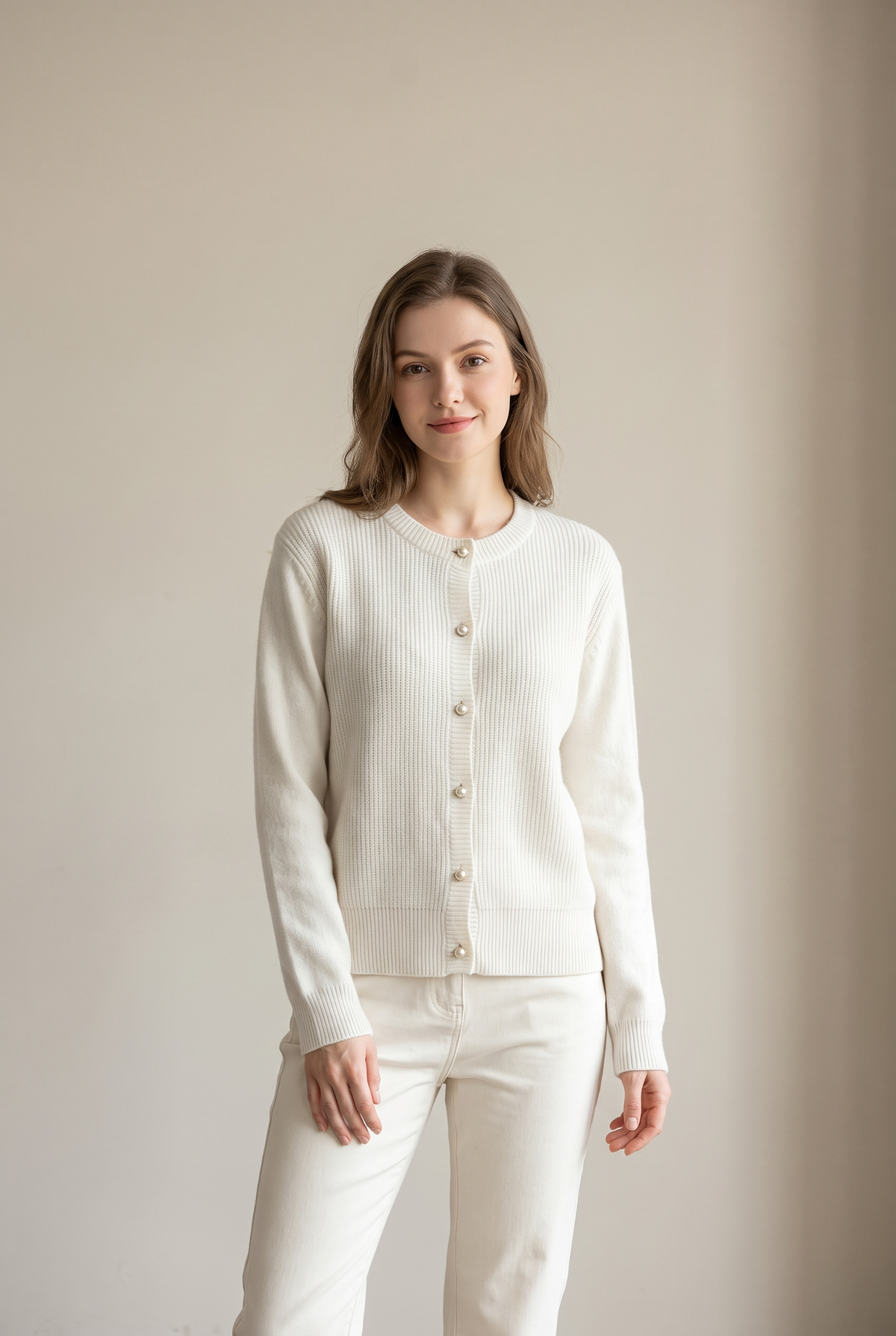 Linda Women's Cozy Feel and Breathable Design Knit Cardigan in White, on model