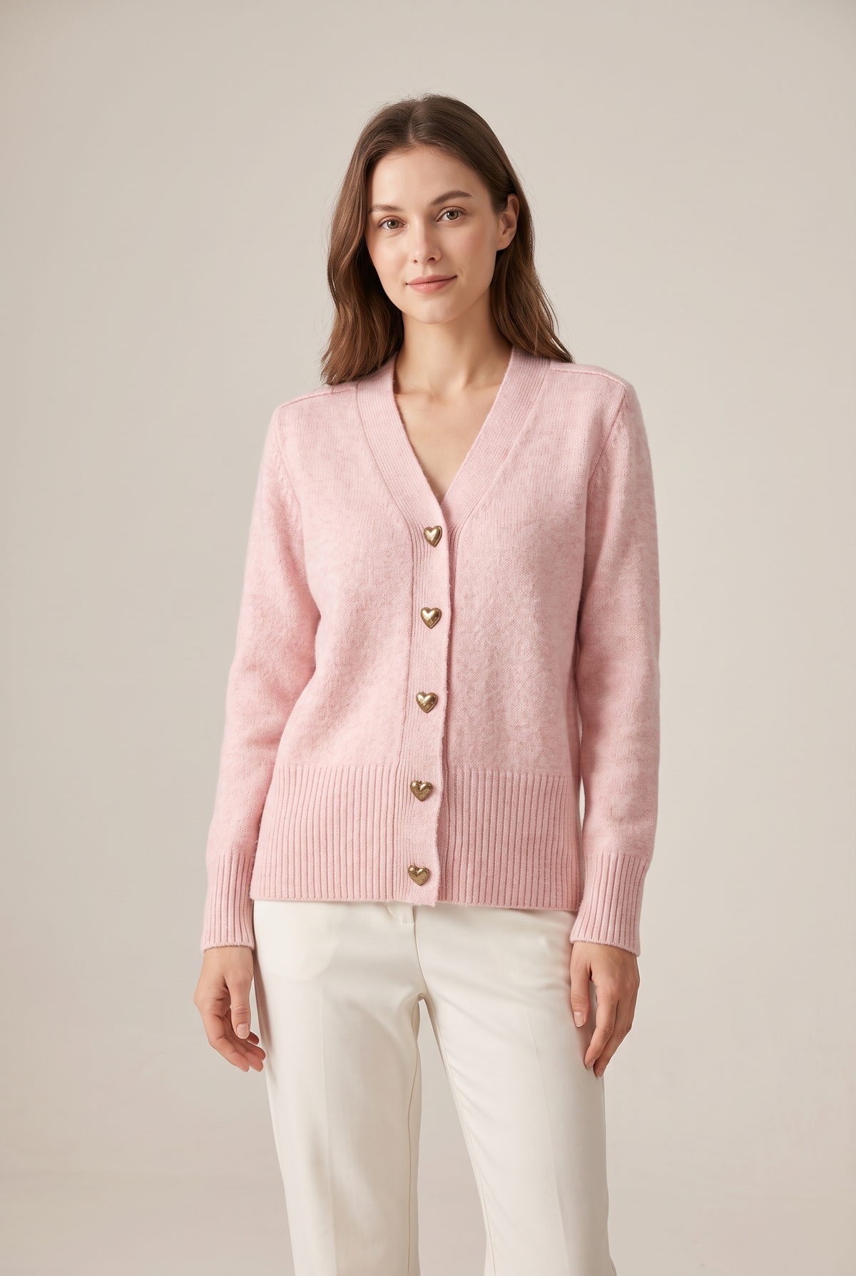 Victoria Women's Heart Buttons Cozy Winter Cardigan in Pink, on model
