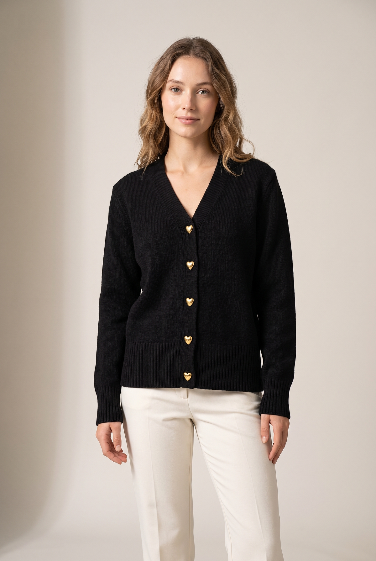 Victoria Women's Heart Buttons Cozy Winter Cardigan in Black, on model