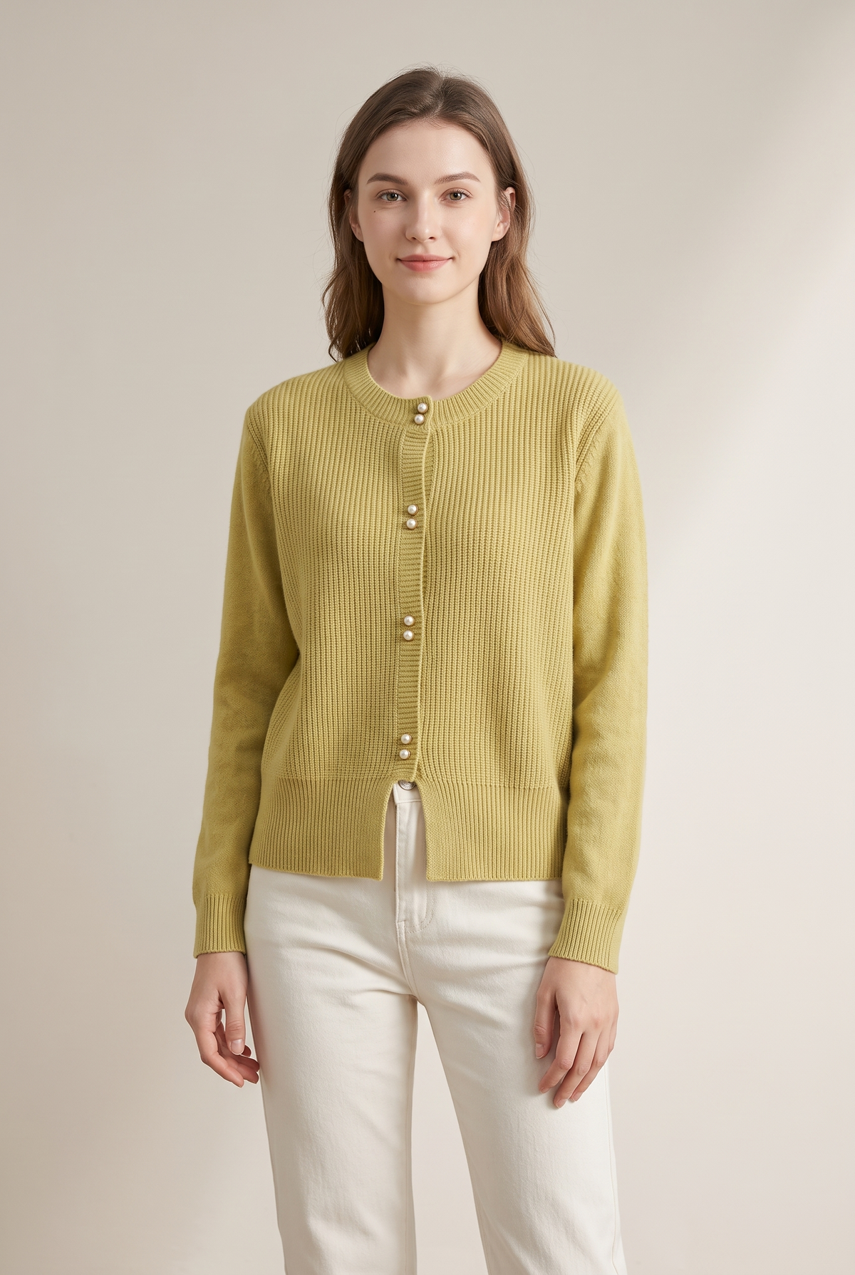Linda Women's Cozy Feel and Breathable Design Knit Cardigan in Yellow, on model