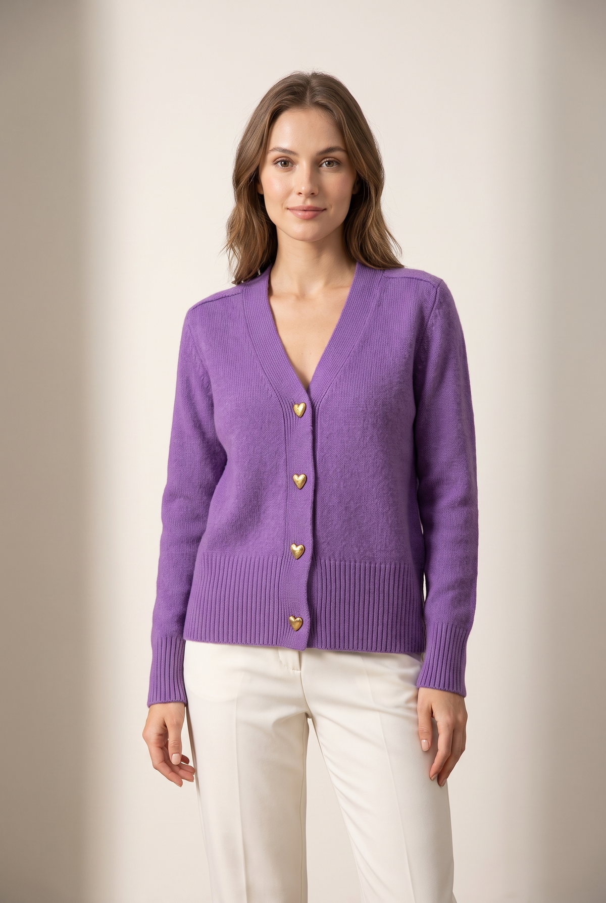 Victoria Women's Heart Buttons Cozy Winter Cardigan in Violet, on model