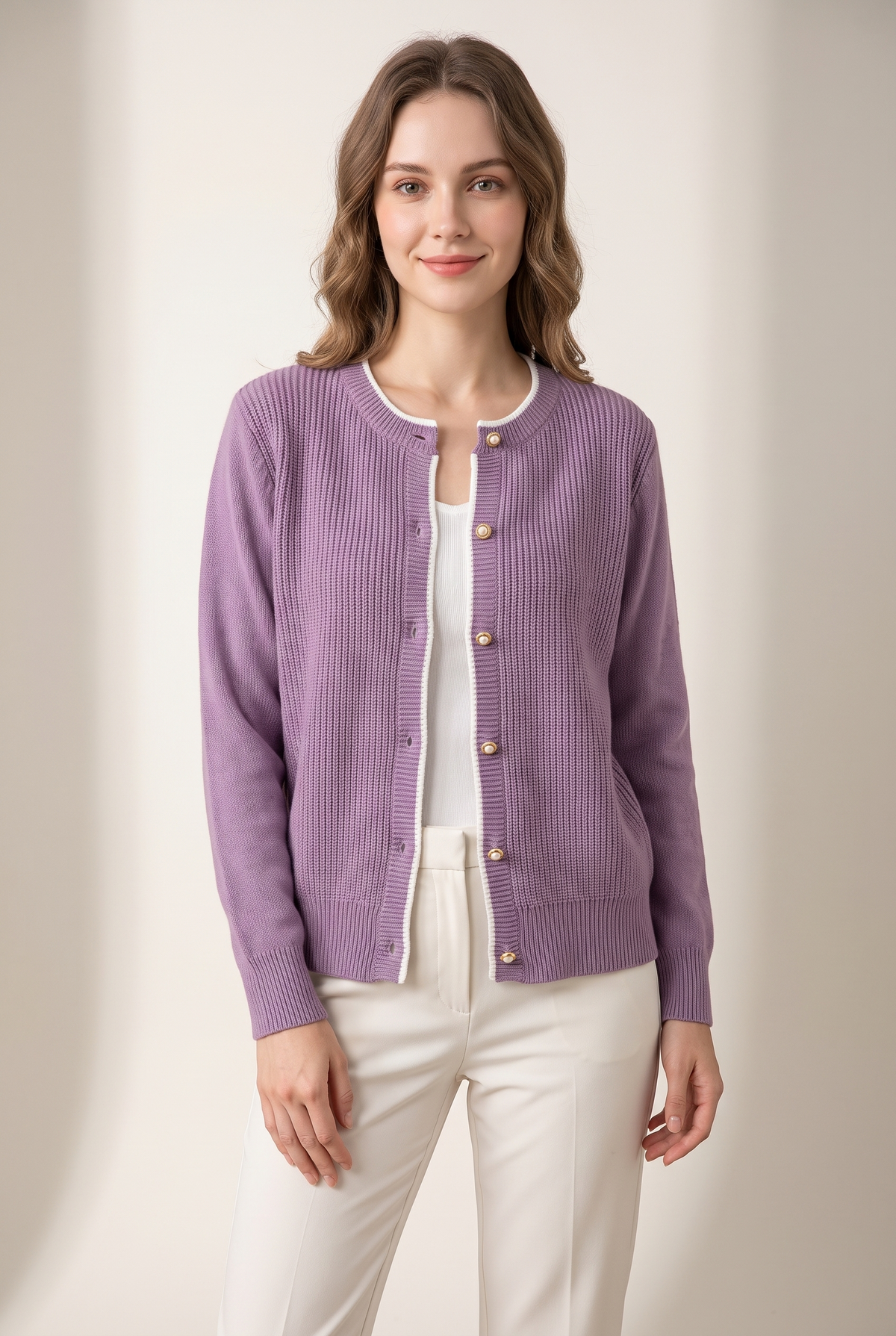 Linda Women's Cozy Feel and Breathable Design Knit Cardigan in Purple, on model