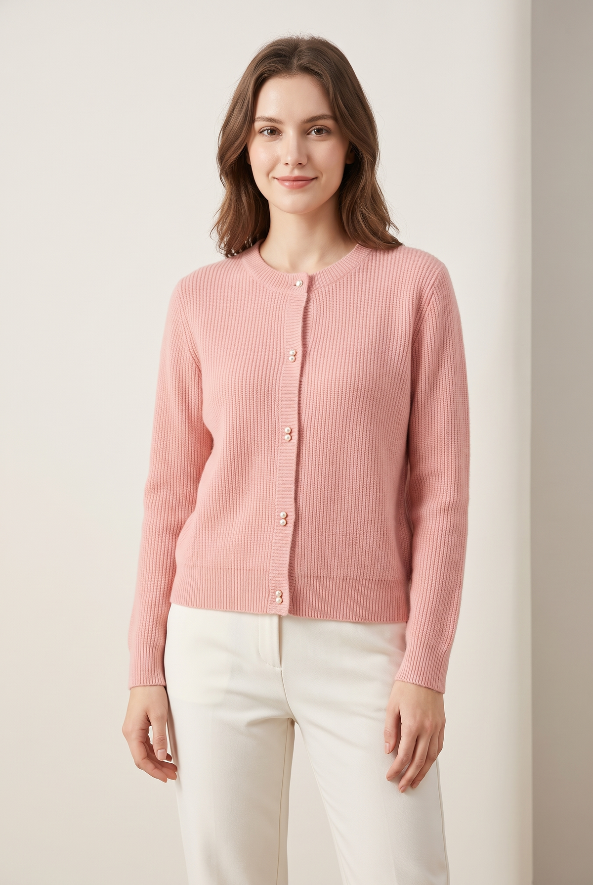 Linda Women's Cozy Feel and Breathable Design Knit Cardigan in Pink, on model