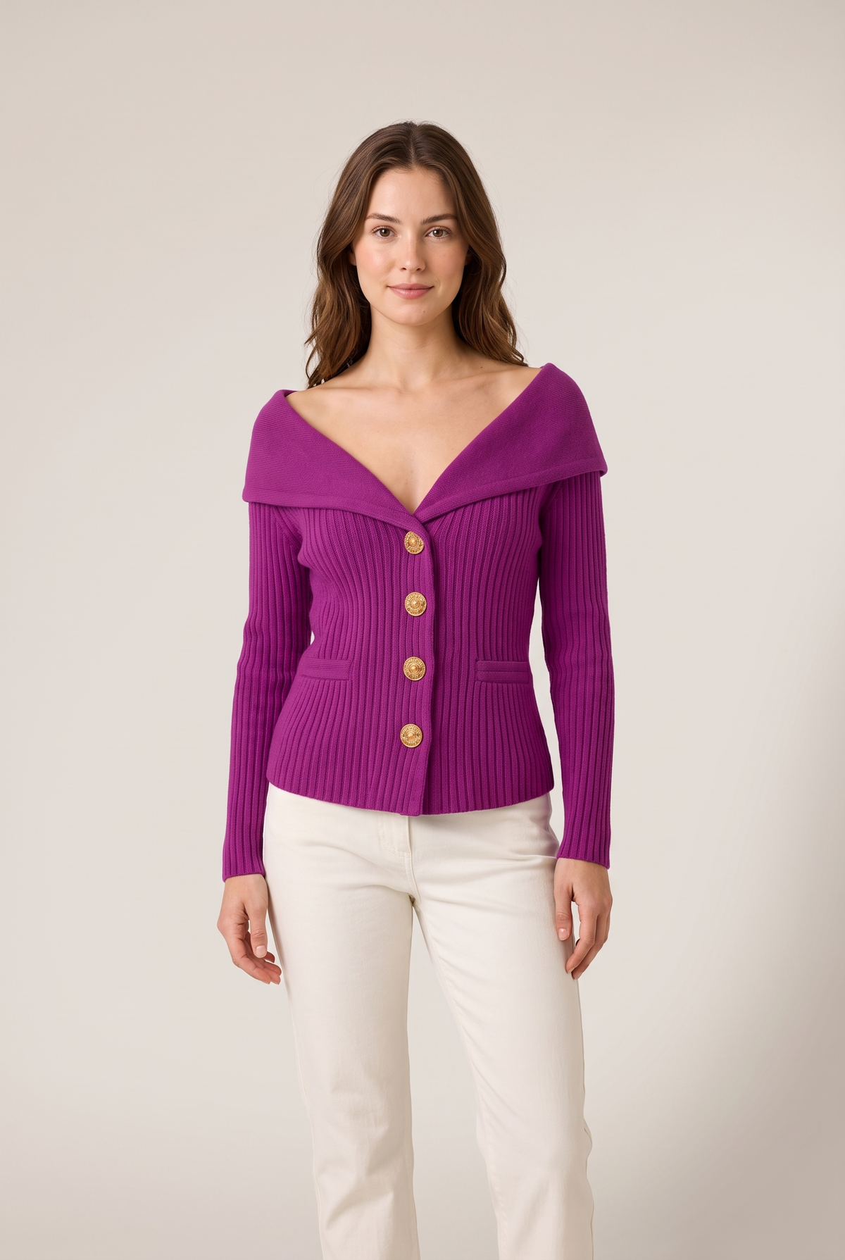 Joana Women's Off Shoulder Ribbed Knit Cardigan in Purple, on model