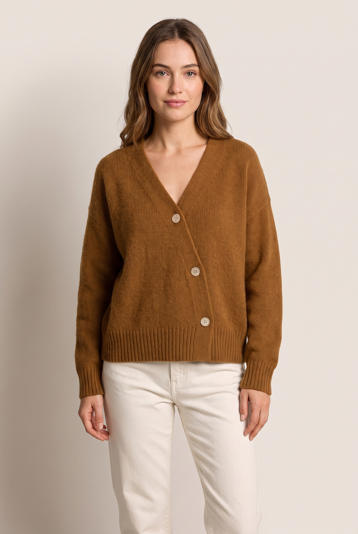 Elsie Women's V-Neckline Wrap Button-Up Knit Cardigan in Brown, on model