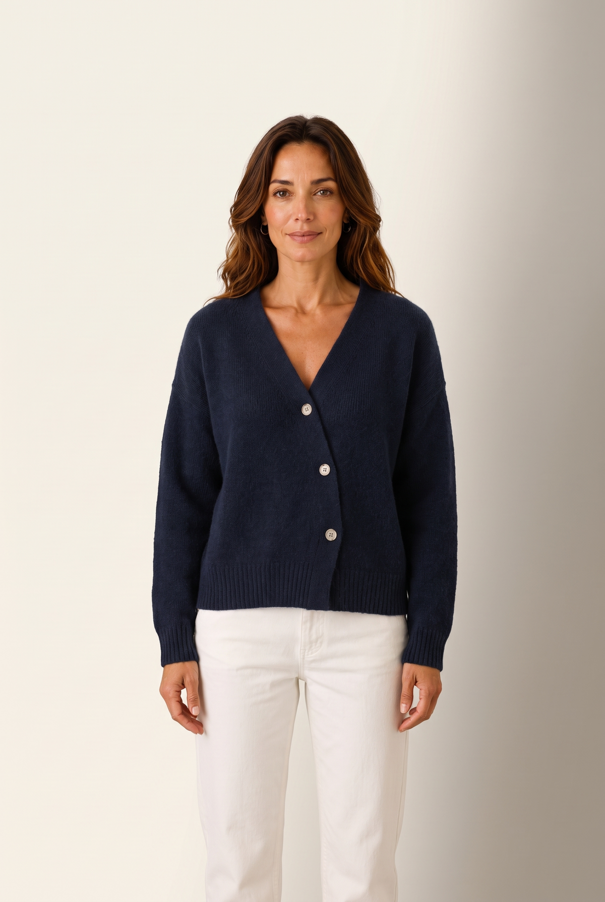 Elsie Women's V-Neckline Wrap Button-Up Knit Cardigan in Navy Blue, on model