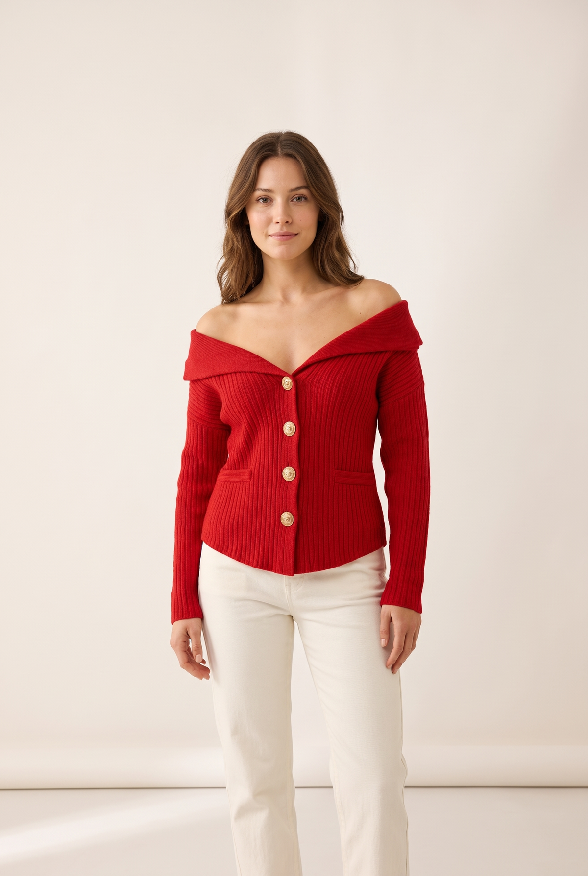 Joana Women's Off Shoulder Ribbed Knit Cardigan in Red, on model