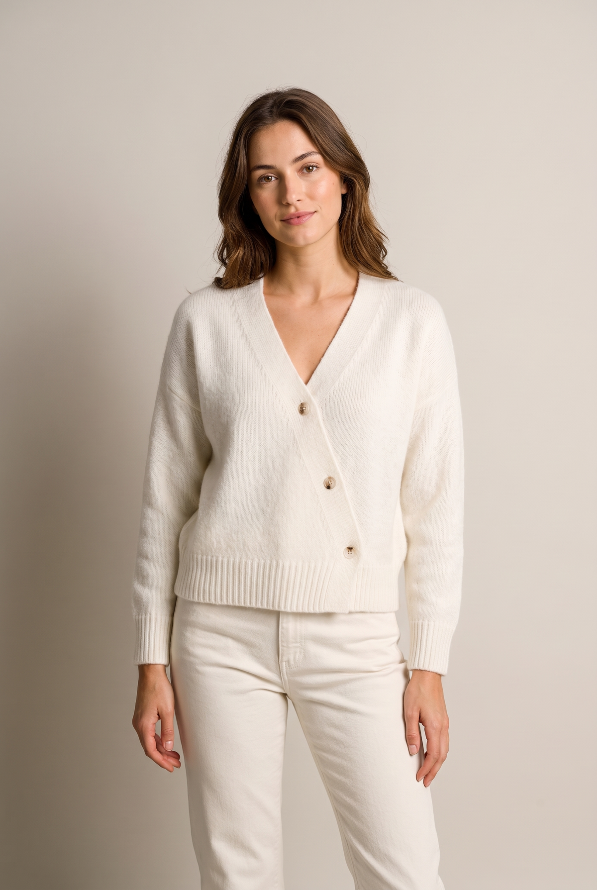 Elsie Women's V-Neckline Wrap Button-Up Knit Cardigan in White, on model