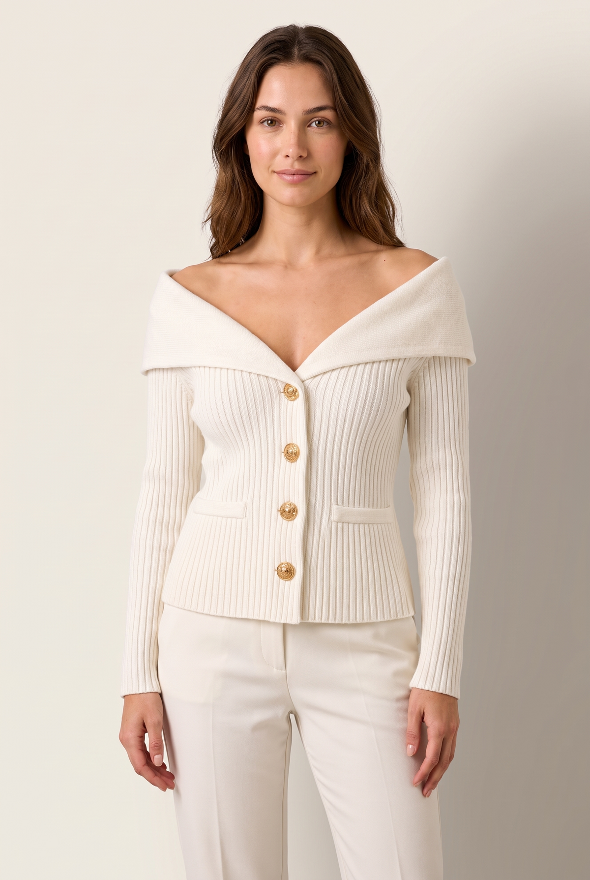 Joana Women's Off Shoulder Ribbed Knit Cardigan in White, on model